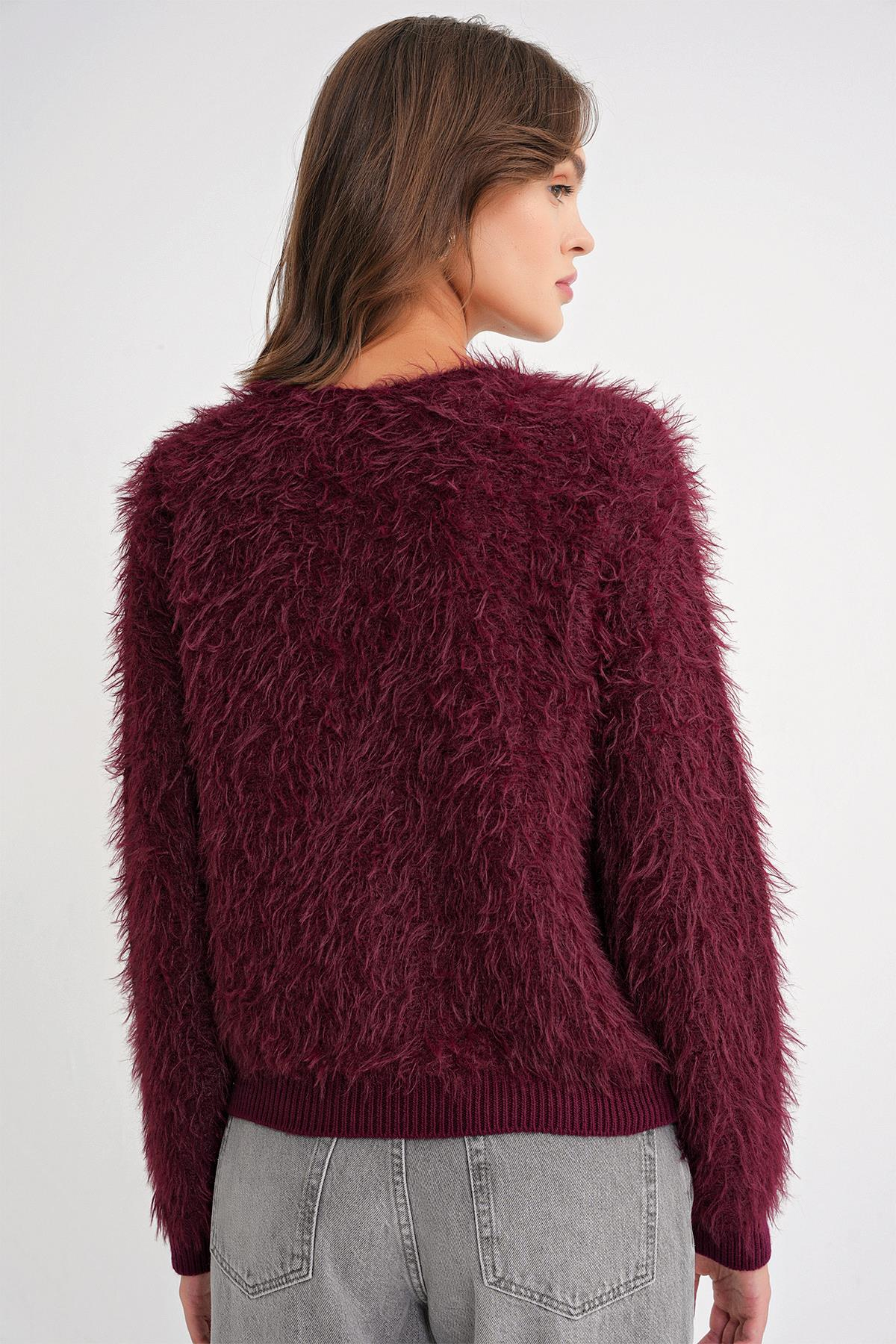 6918 Kadın Uzun Sakallı Triko Kazak Bordo