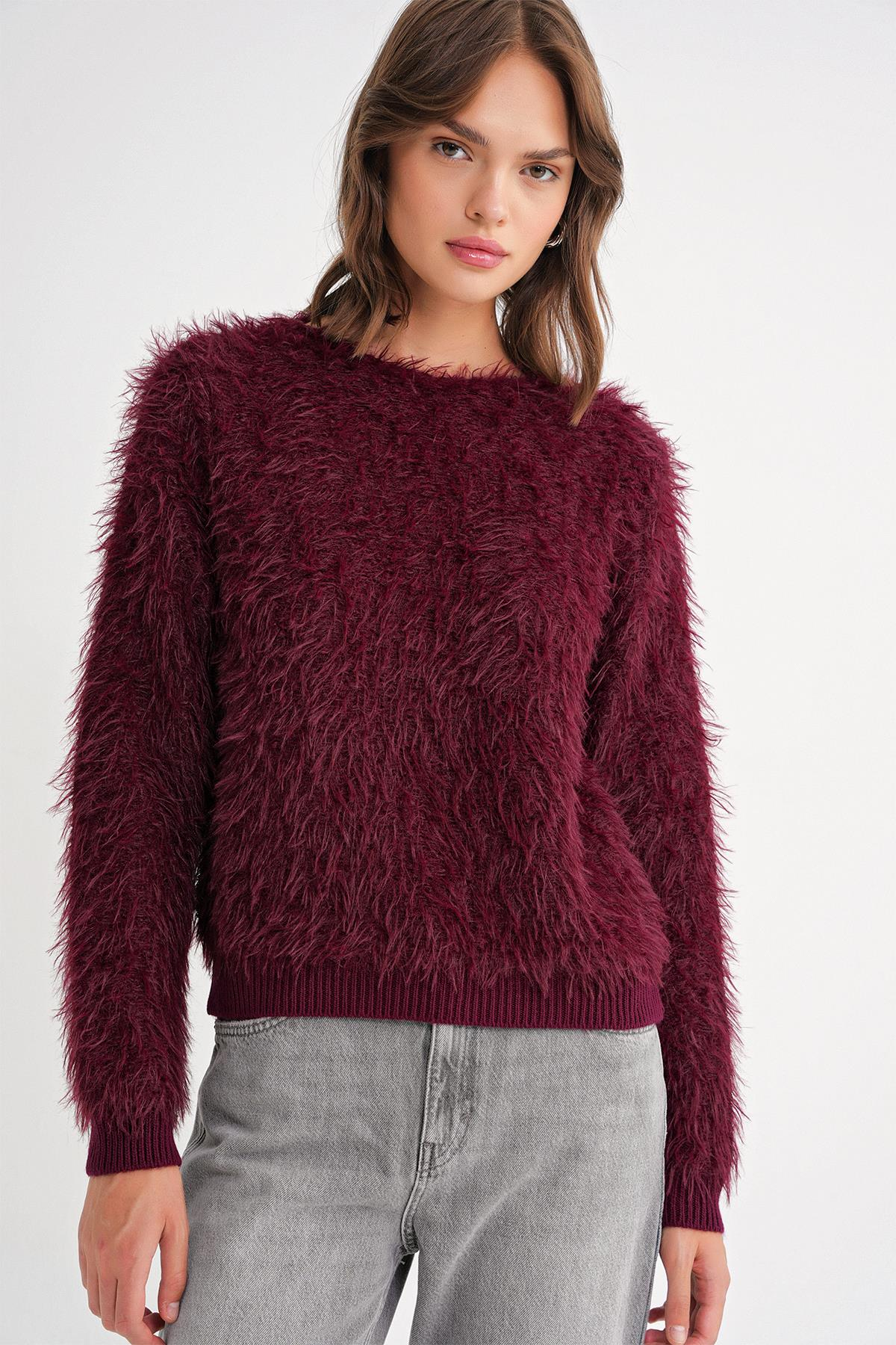 6918 Kadın Uzun Sakallı Triko Kazak Bordo