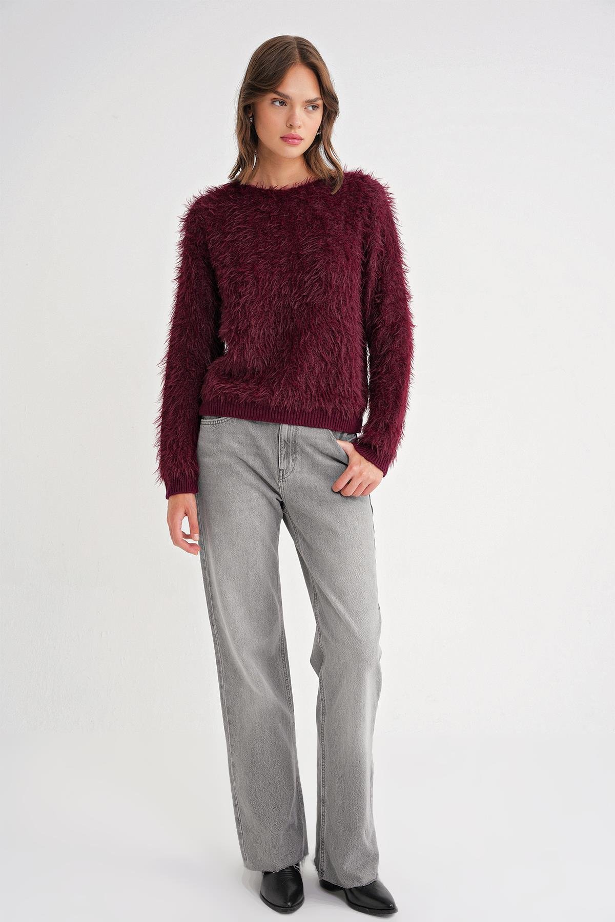 6918 Kadın Uzun Sakallı Triko Kazak Bordo