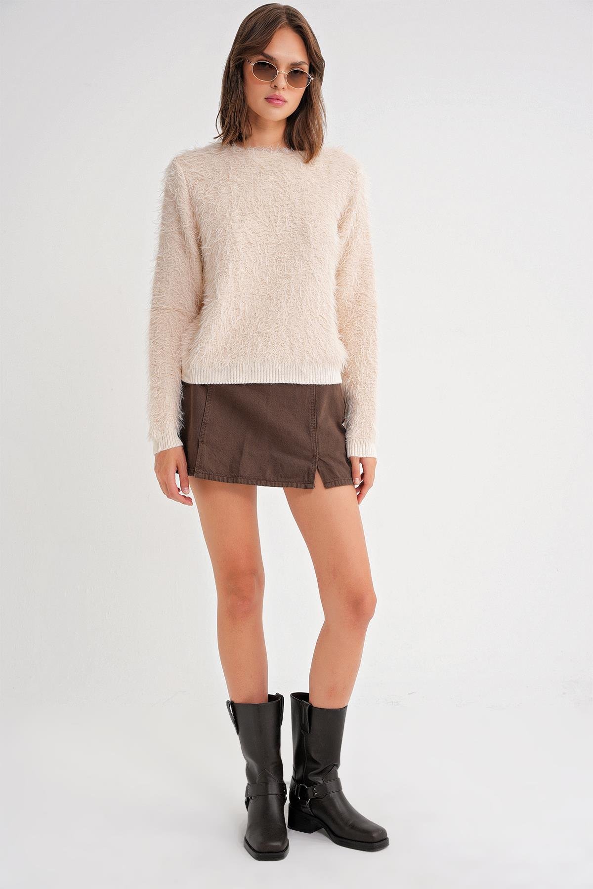 6918 Kadın Uzun Sakallı Triko Kazak Naturel