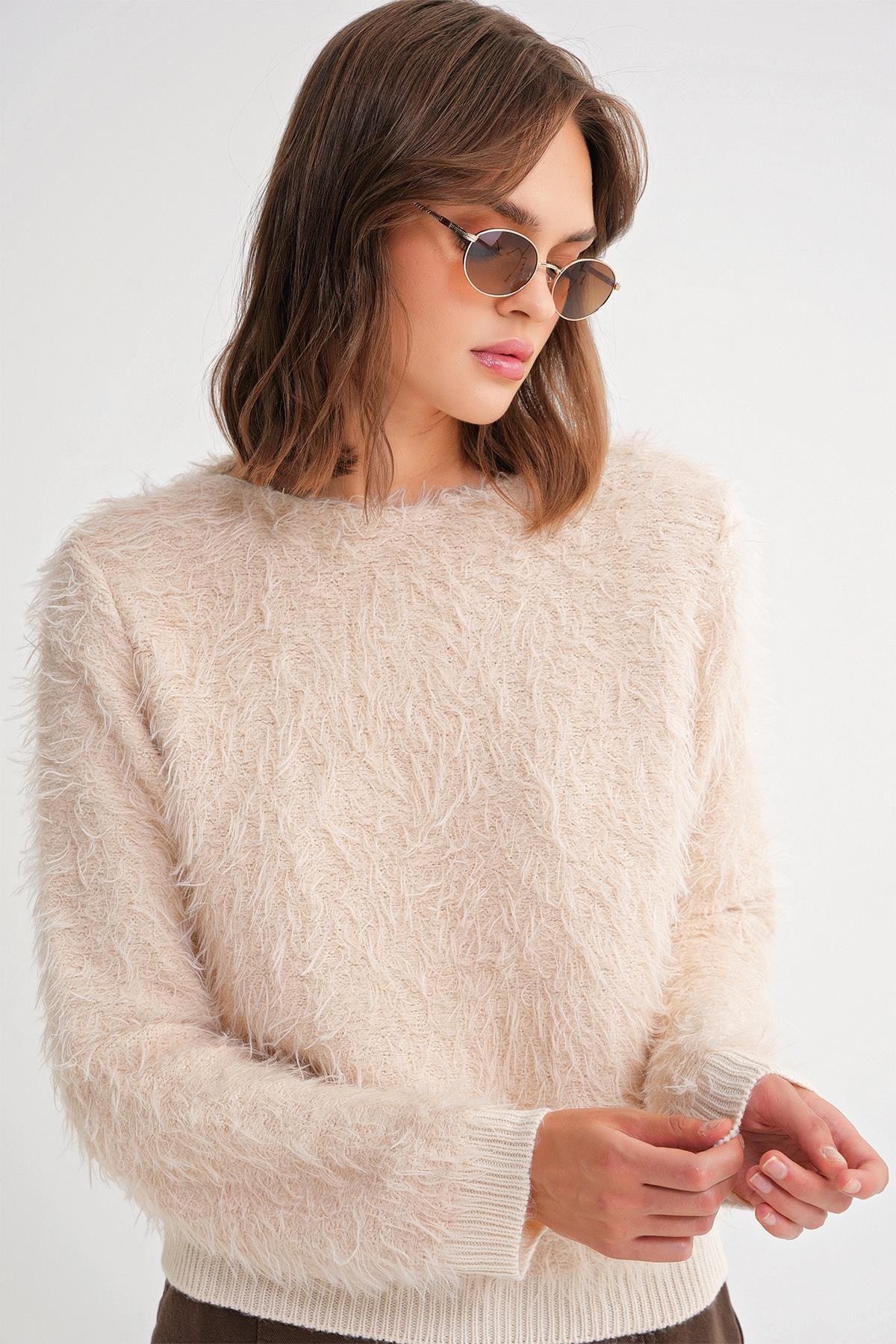 6918 Kadın Uzun Sakallı Triko Kazak Naturel