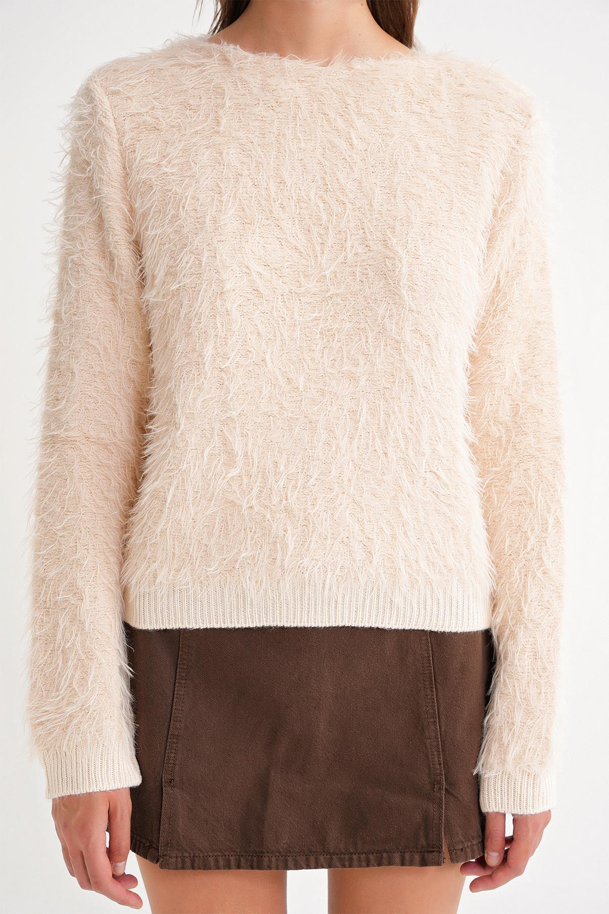 6918 Kadın Uzun Sakallı Triko Kazak Naturel