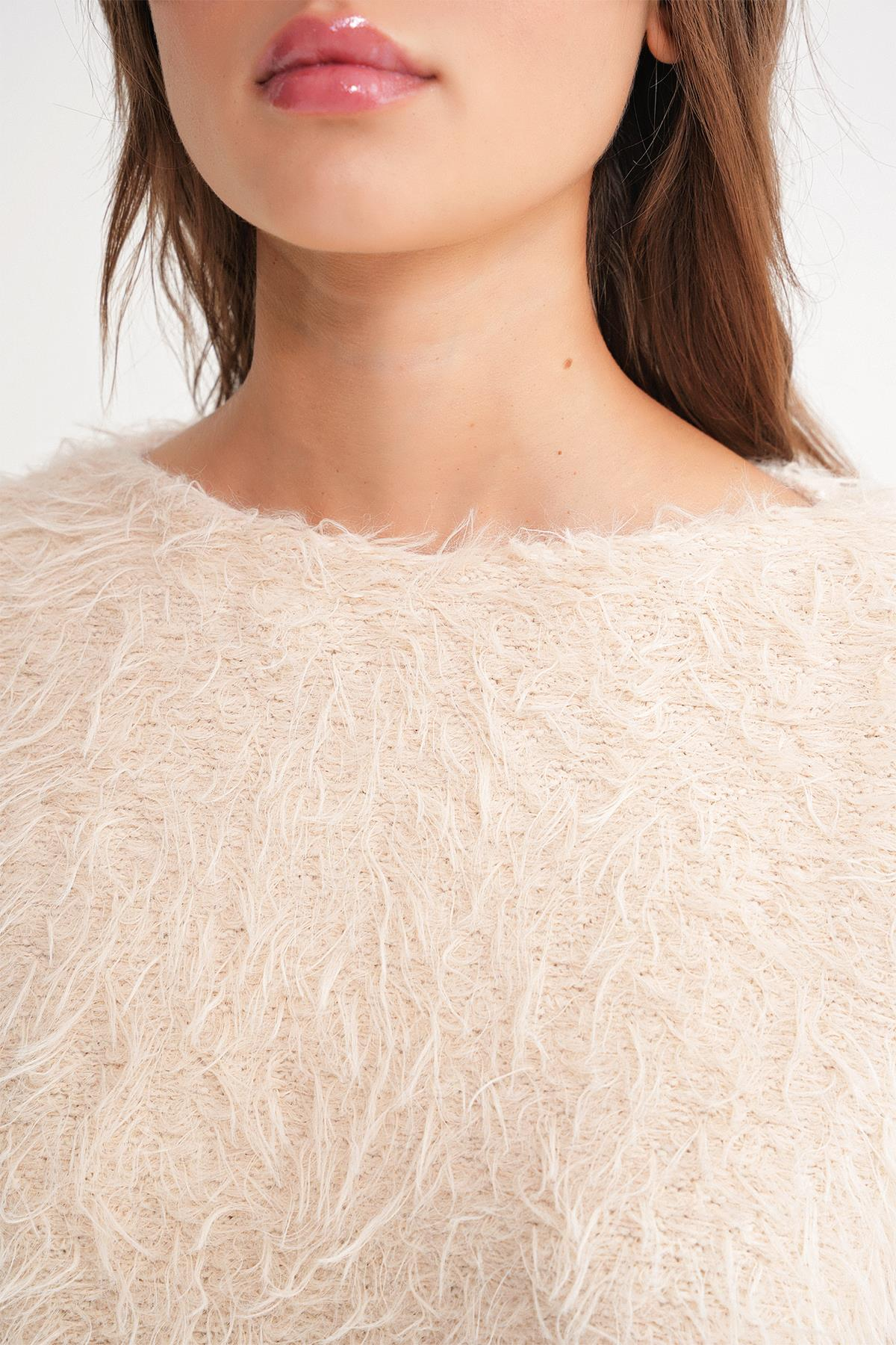 6918 Kadın Uzun Sakallı Triko Kazak Naturel