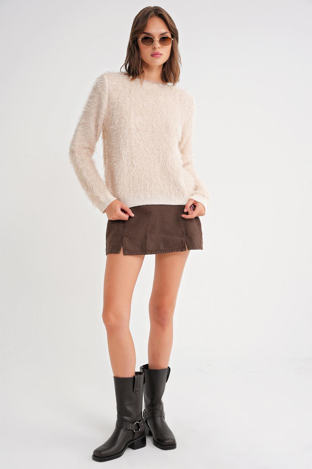 6918 Kadın Uzun Sakallı Triko Kazak Naturel