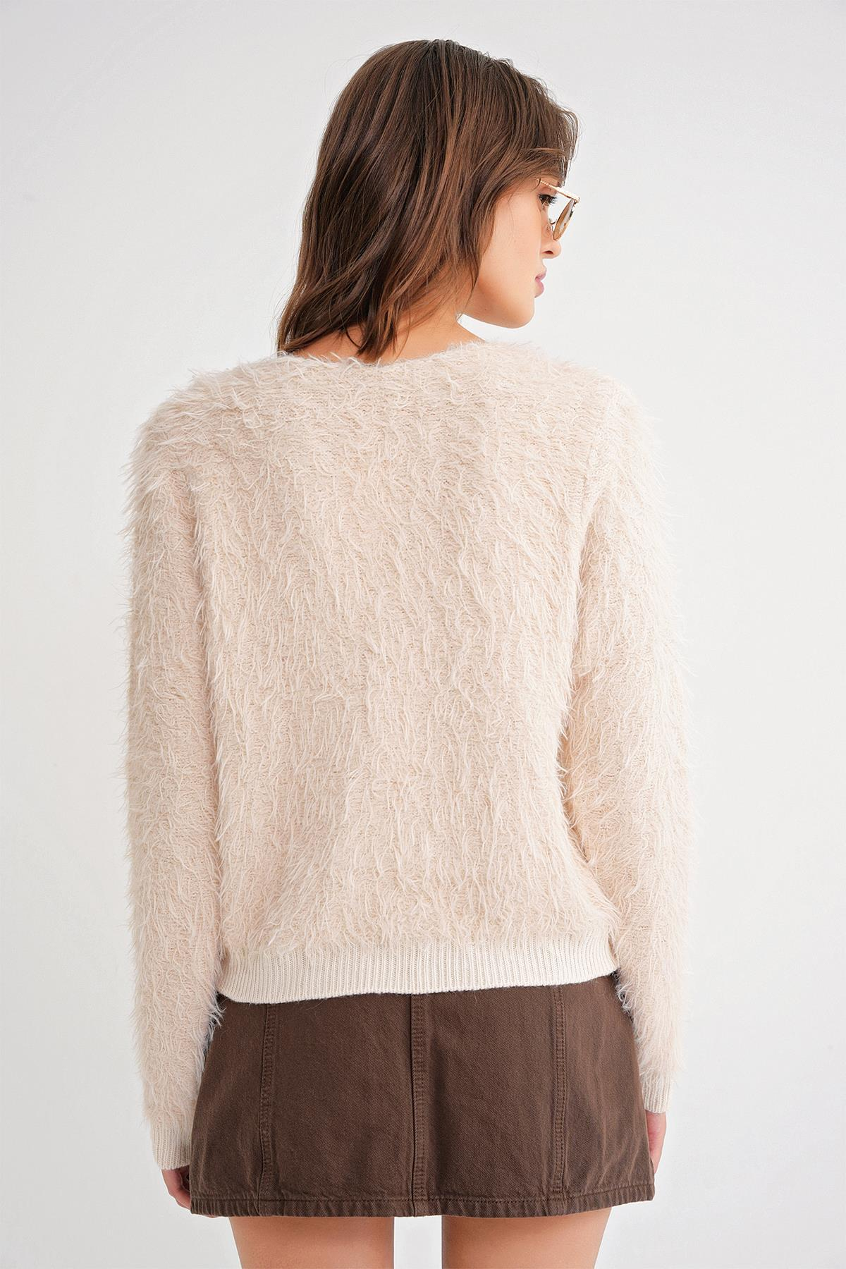 6918 Kadın Uzun Sakallı Triko Kazak Naturel