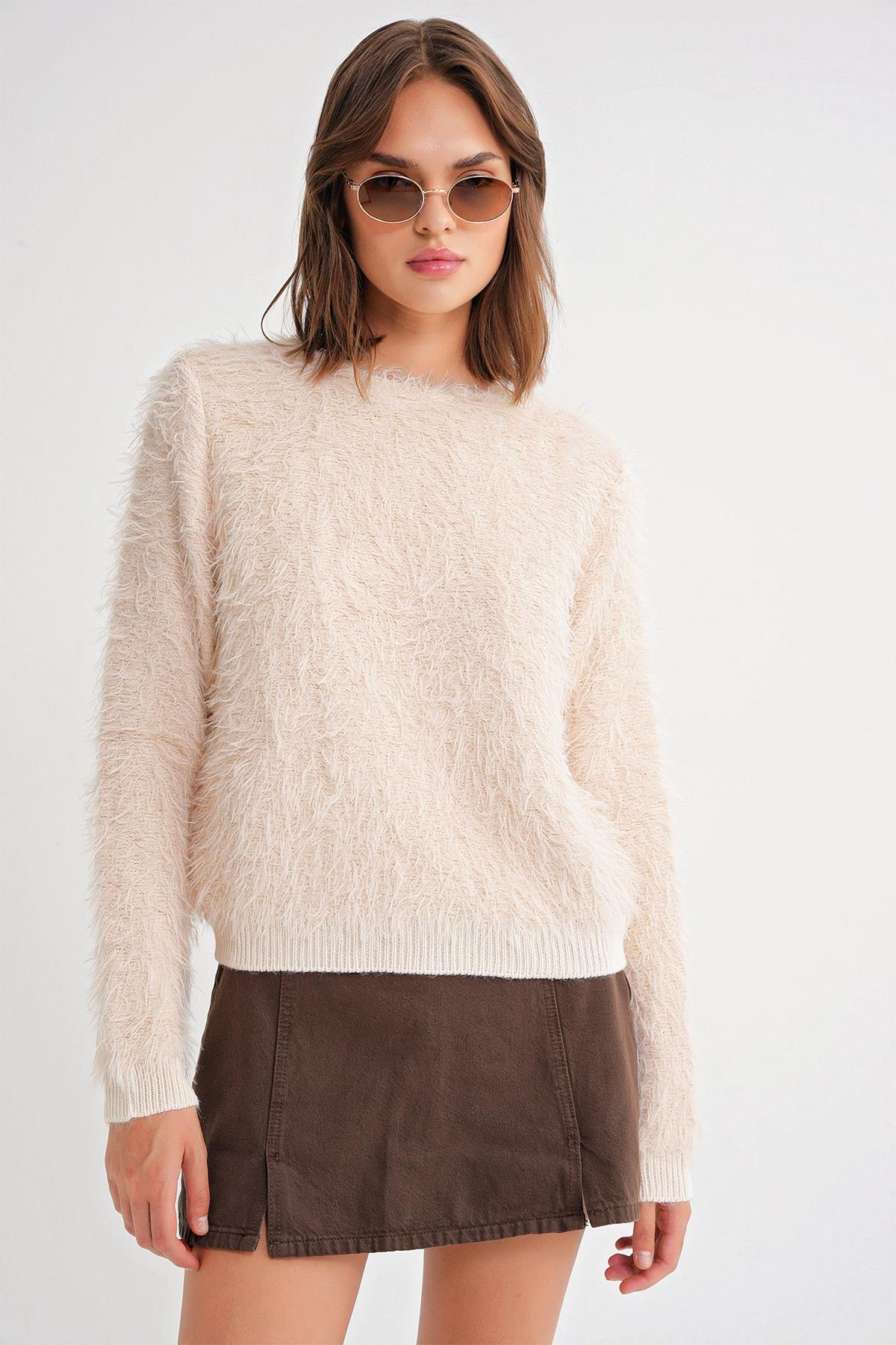 6918 Kadın Uzun Sakallı Triko Kazak Naturel