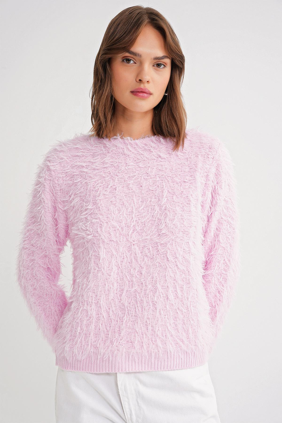 6918 Kadın Uzun Sakallı Triko Kazak Pembe