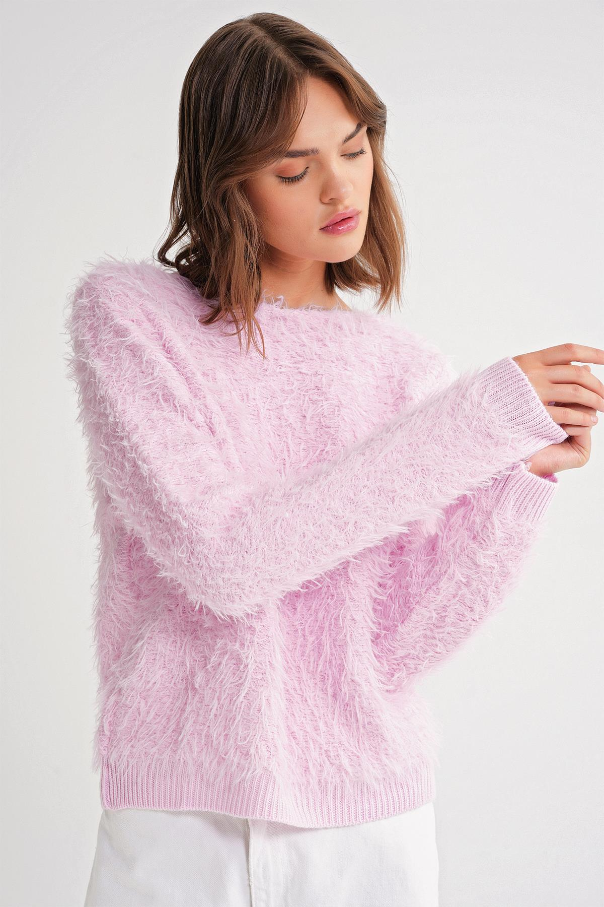 6918 Kadın Uzun Sakallı Triko Kazak Pembe