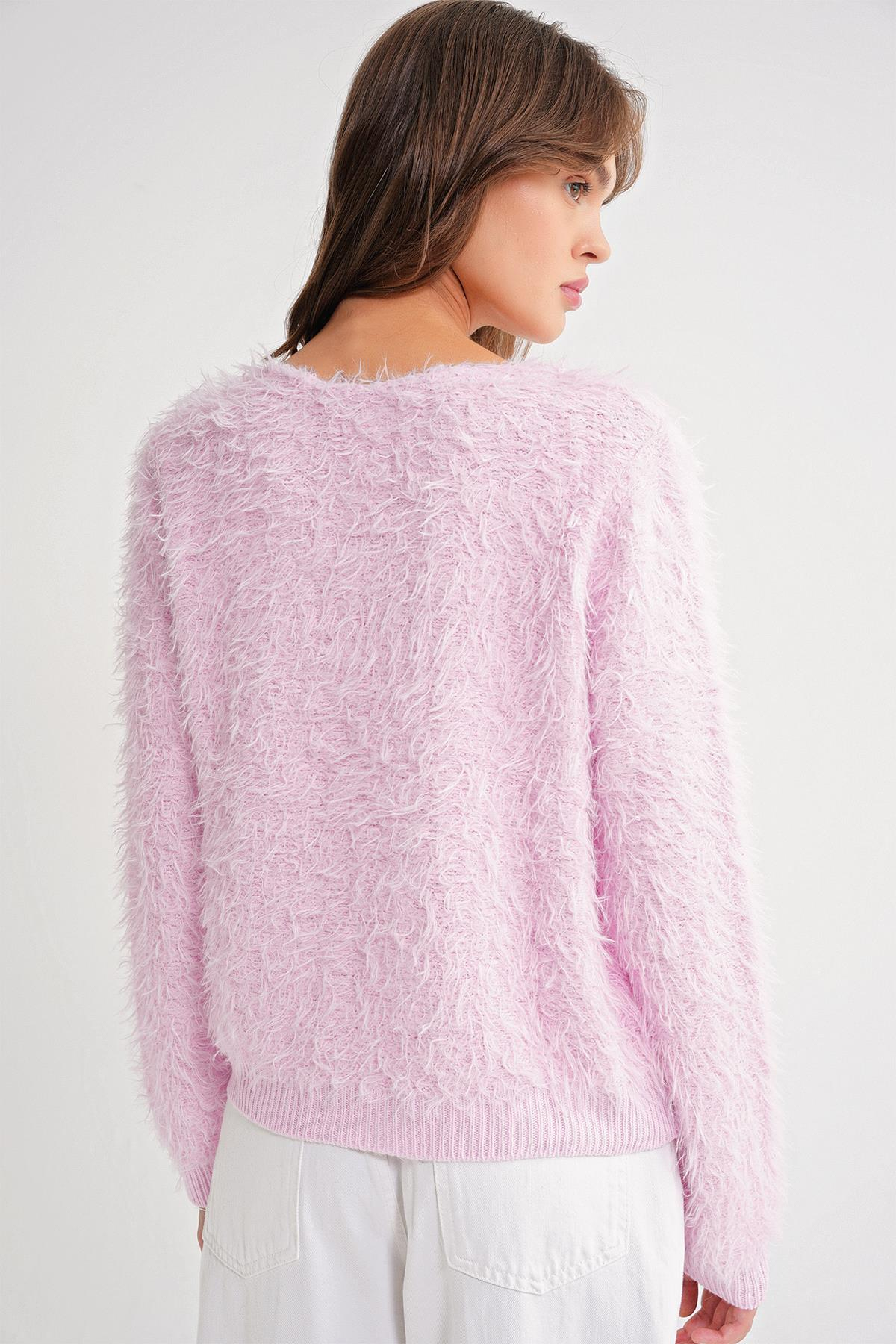 6918 Kadın Uzun Sakallı Triko Kazak Pembe