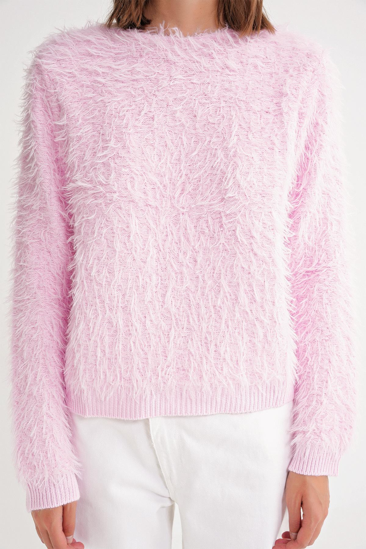 6918 Kadın Uzun Sakallı Triko Kazak Pembe