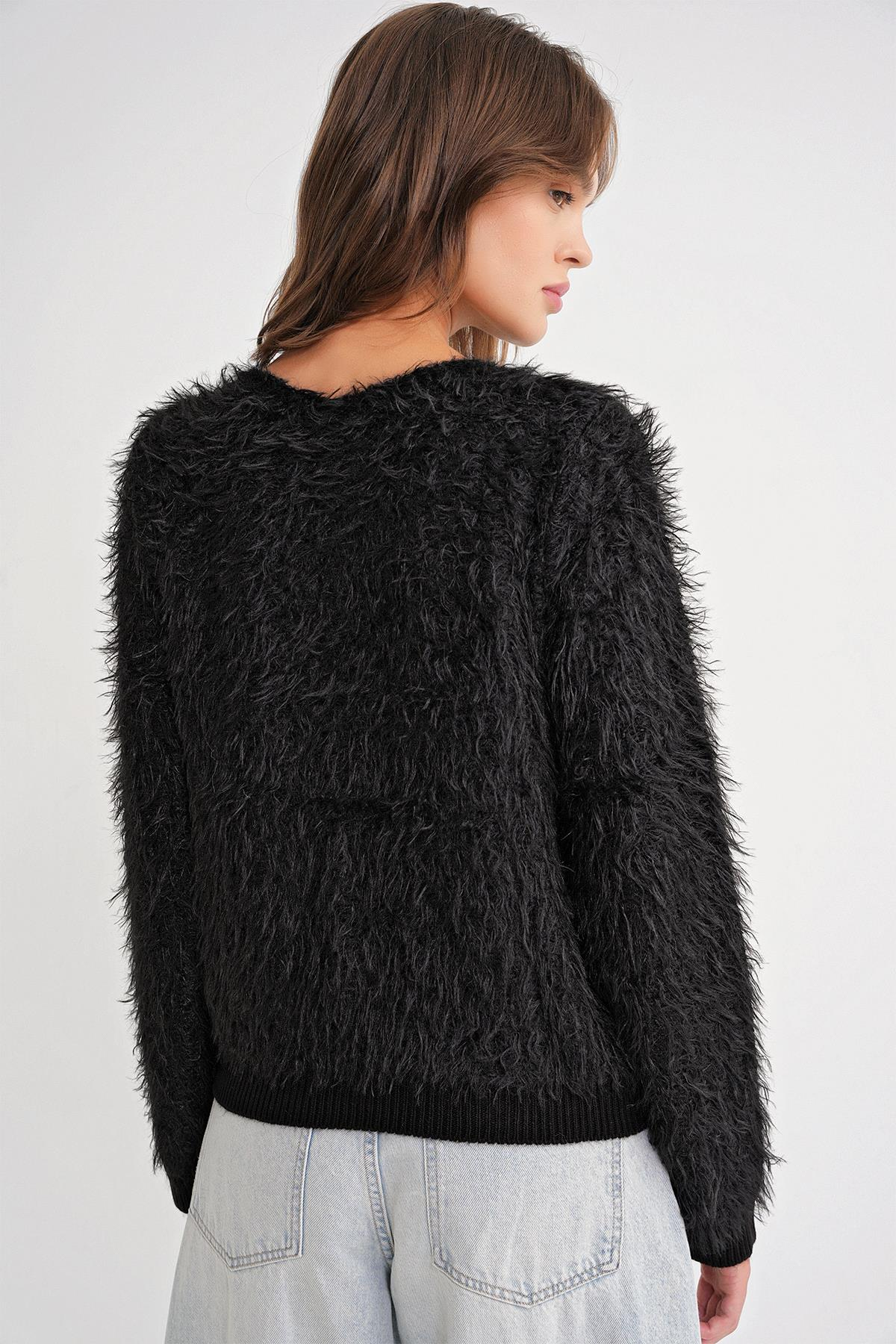 6918 Kadın Uzun Sakallı Triko Kazak Siyah