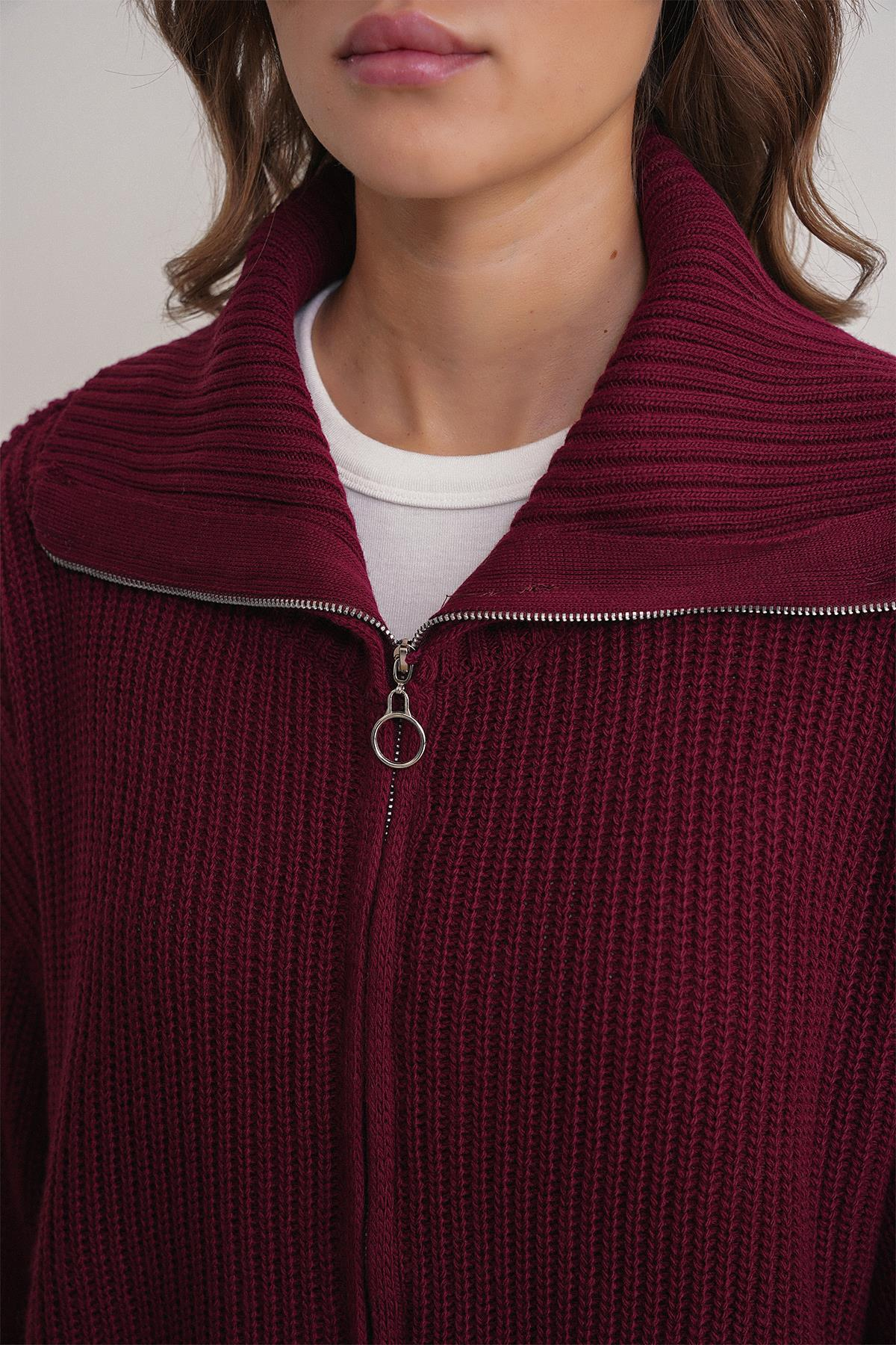6919 Kadın Fermuarlı Balıkçı Yaka Triko Hırka Bordo