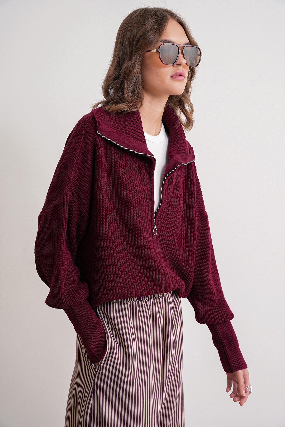 6919 Kadın Fermuarlı Balıkçı Yaka Triko Hırka Bordo