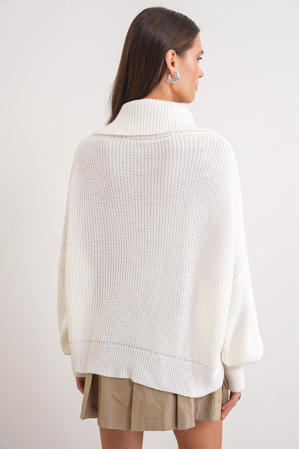 6919 Kadın Fermuarlı Balıkçı Yaka Triko Hırka Kemik