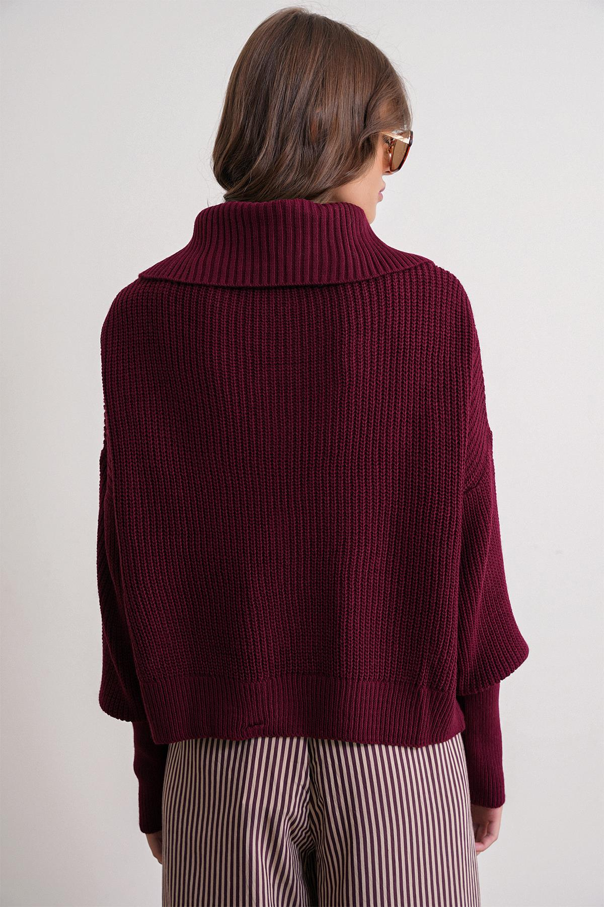 6919 Kadın Fermuarlı Balıkçı Yaka Triko Hırka Bordo