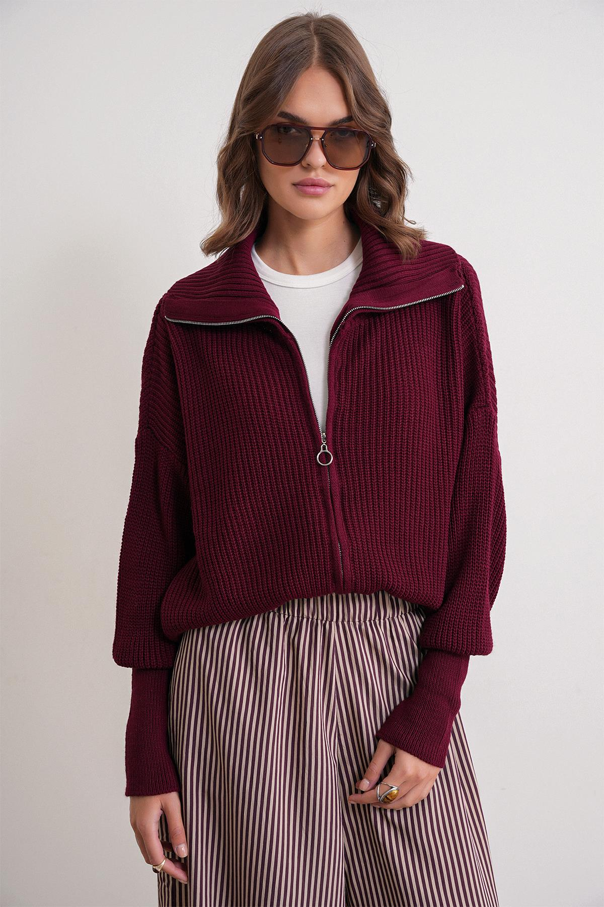 6919 Kadın Fermuarlı Balıkçı Yaka Triko Hırka Bordo