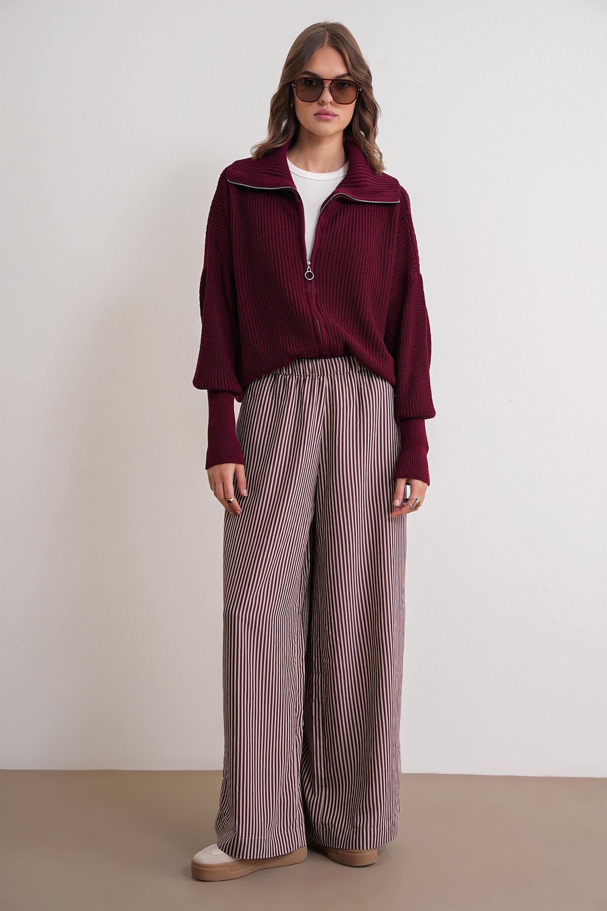 6919 Kadın Fermuarlı Balıkçı Yaka Triko Hırka Bordo