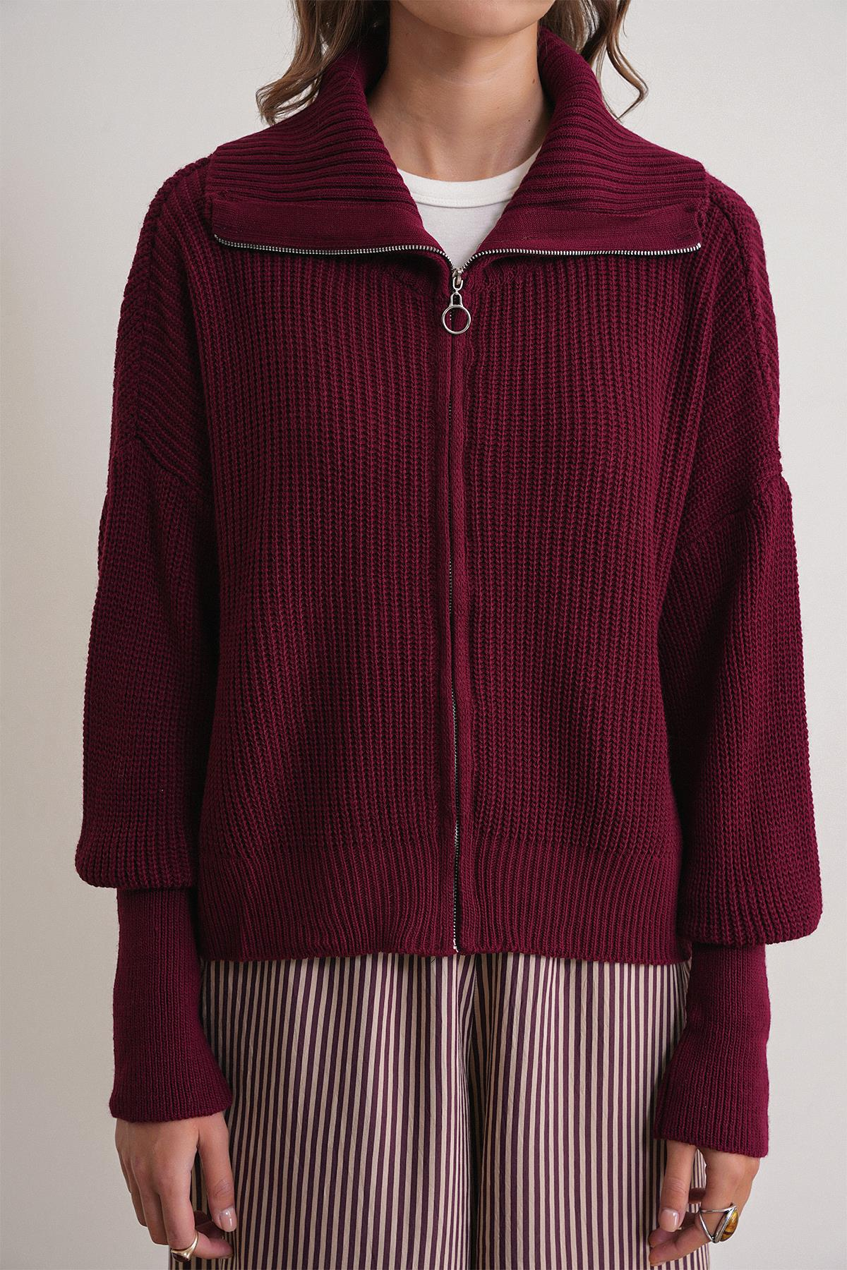 6919 Kadın Fermuarlı Balıkçı Yaka Triko Hırka Bordo