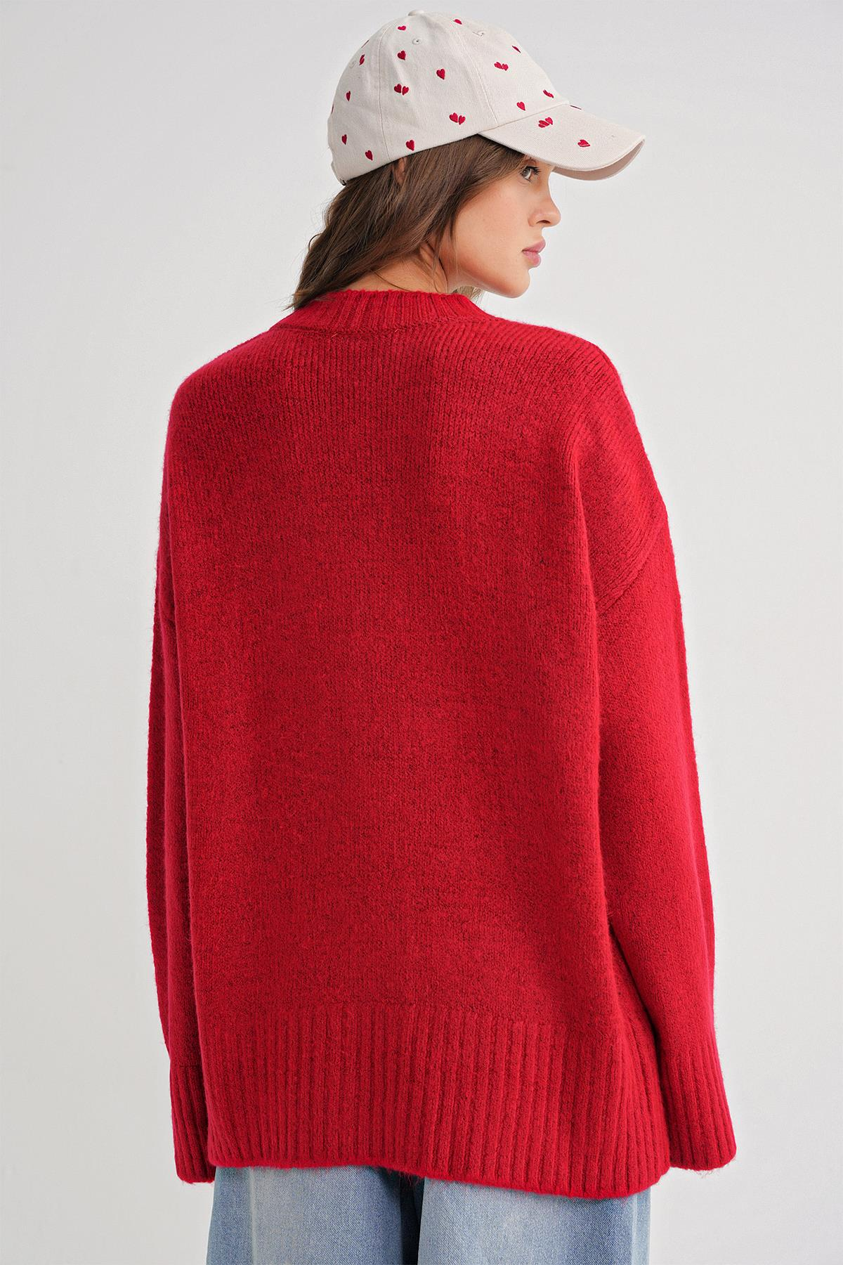 6925 Kadın Geniş Kollu Yumoş Dokulu Triko Kazak Kırmızı