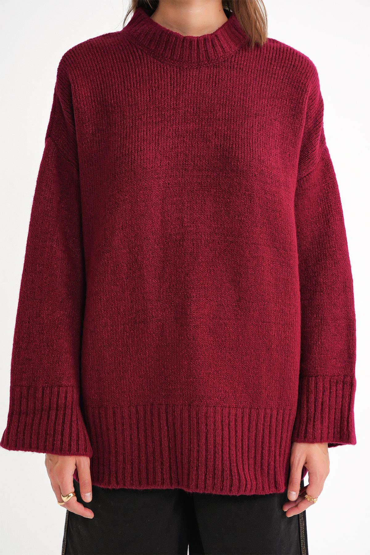 6925 Kadın Geniş Kollu Yumoş Dokulu Triko Kazak Bordo