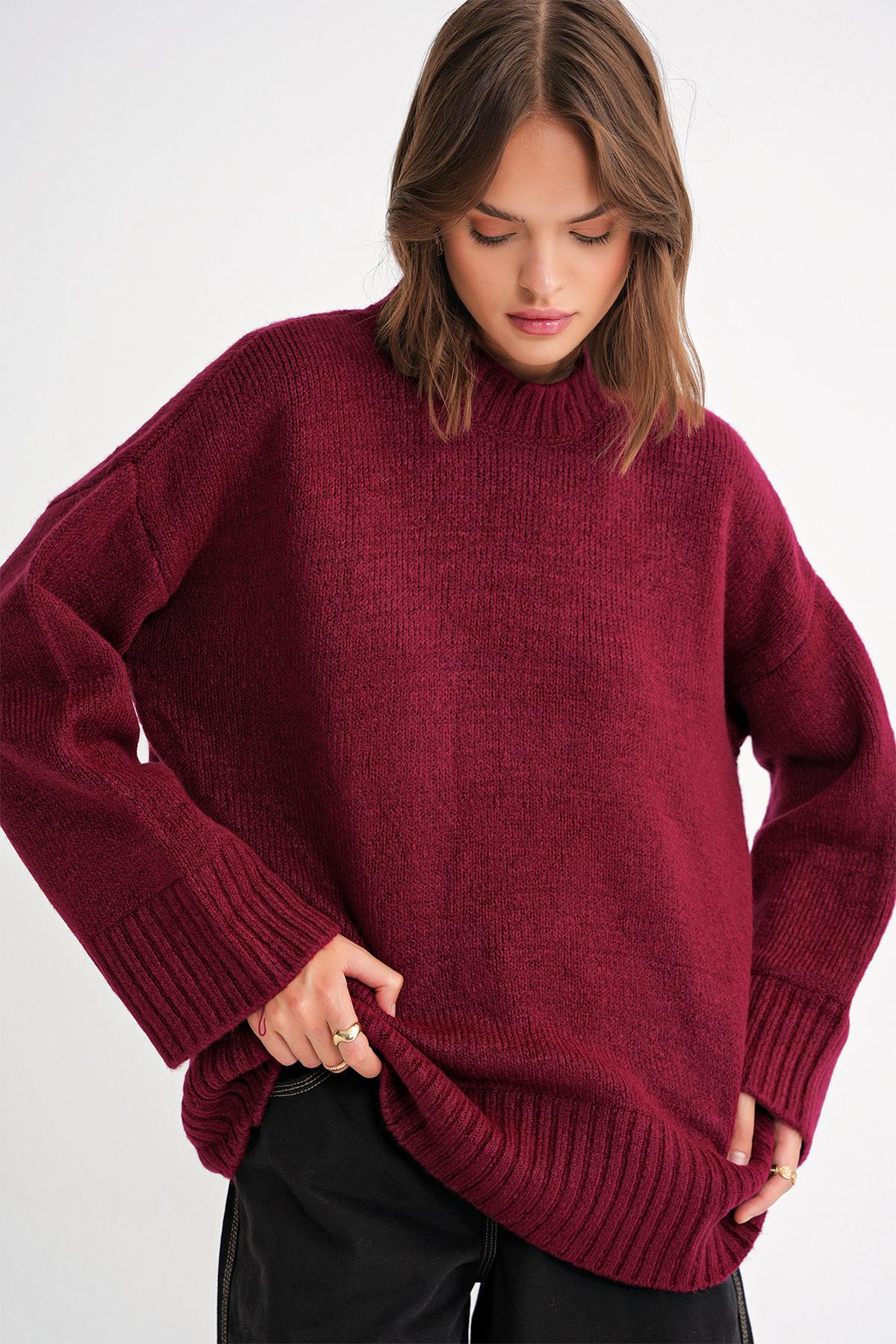 6925 Kadın Geniş Kollu Yumoş Dokulu Triko Kazak Bordo