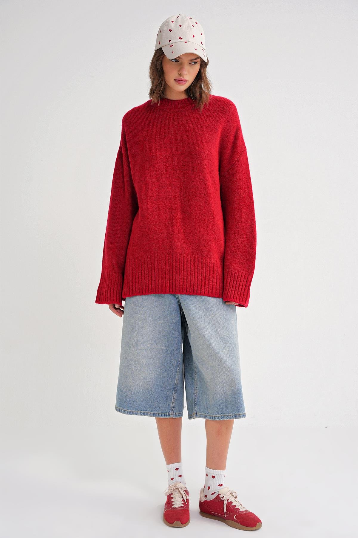 6925 Kadın Geniş Kollu Yumoş Dokulu Triko Kazak Kırmızı