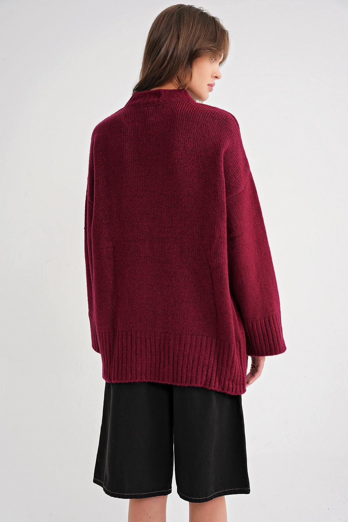 6925 Kadın Geniş Kollu Yumoş Dokulu Triko Kazak Bordo