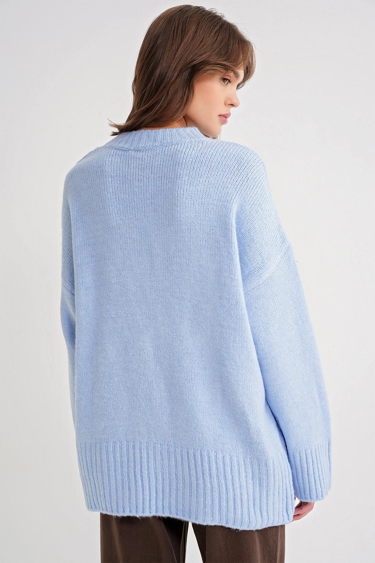6925 Kadın Geniş Kollu Yumoş Dokulu Triko Kazak Bebe Mavi