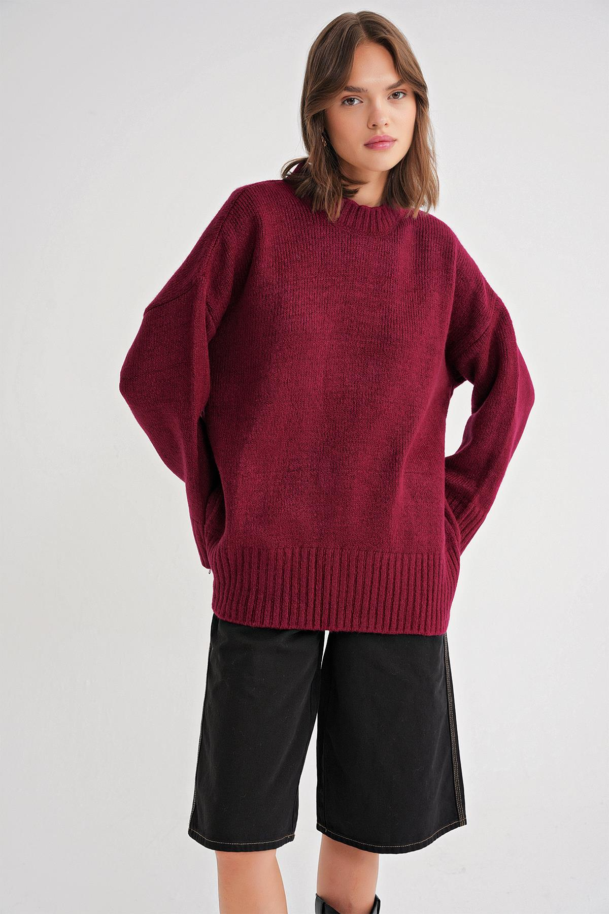 6925 Kadın Geniş Kollu Yumoş Dokulu Triko Kazak Bordo