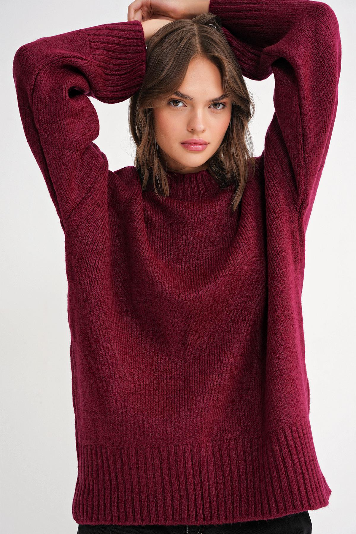 6925 Kadın Geniş Kollu Yumoş Dokulu Triko Kazak Bordo