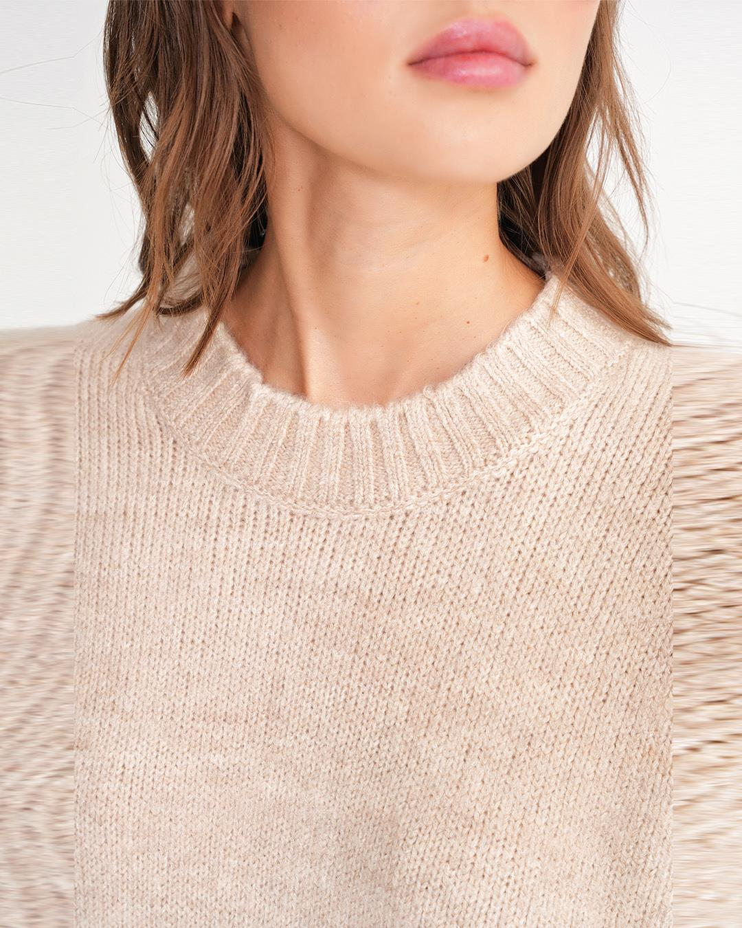 6925 Kadın Geniş Kollu Yumuşak Dokulu Triko Kazak Bej