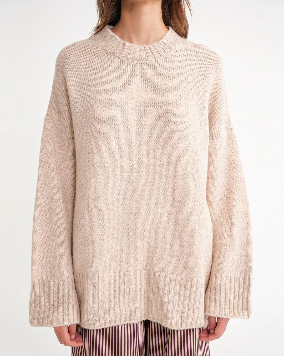 6925 Kadın Geniş Kollu Yumuşak Dokulu Triko Kazak Bej