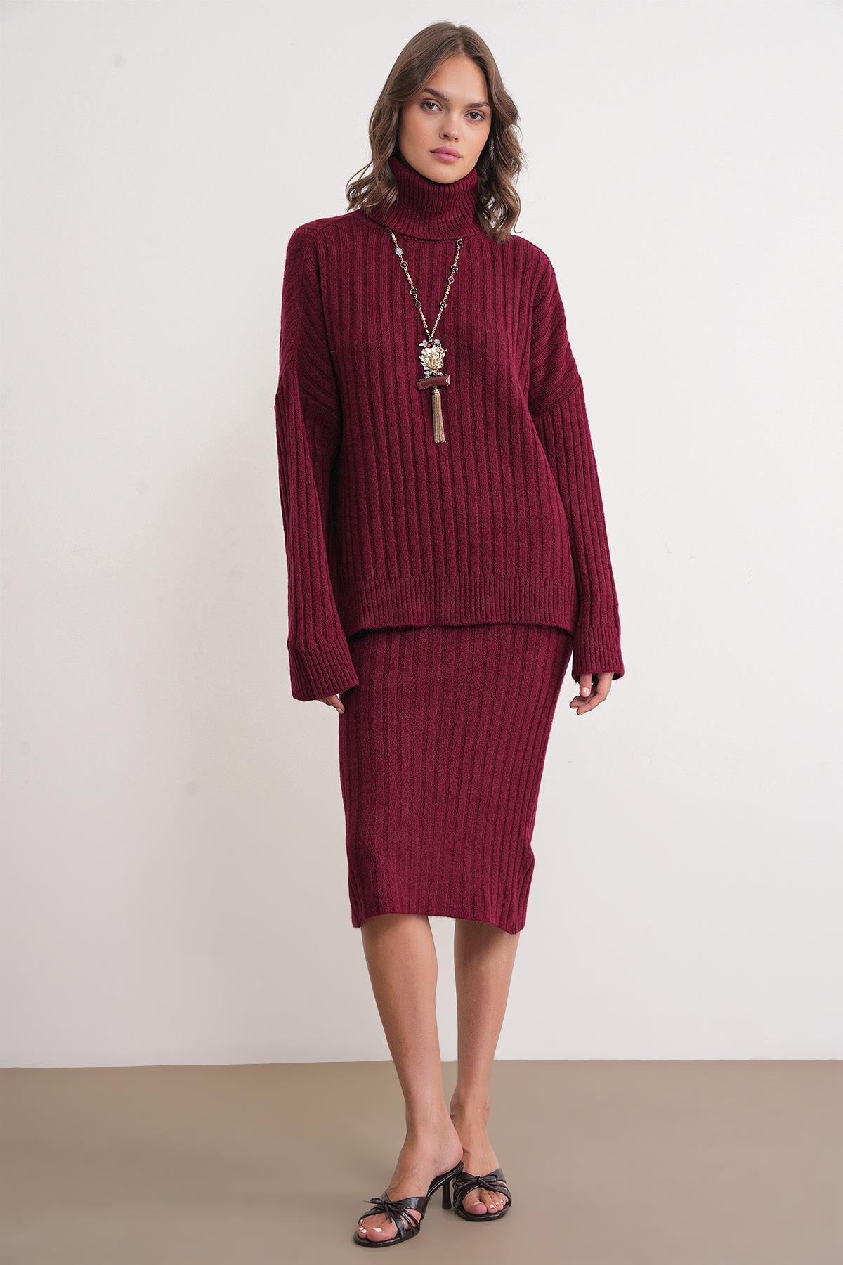 6928 Kadın Fitilli Balıkçı Yaka Triko Kazak Bordo