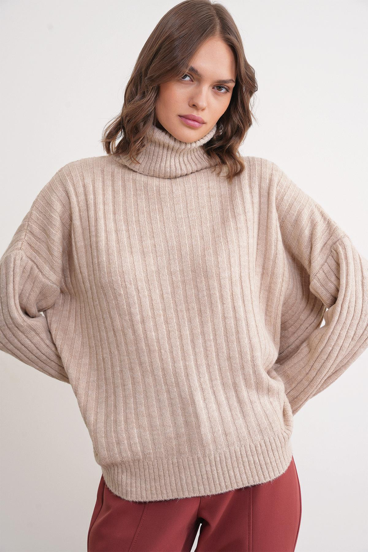 6928 Kadın Fitilli Balıkçı Yaka Triko Kazak Vizon