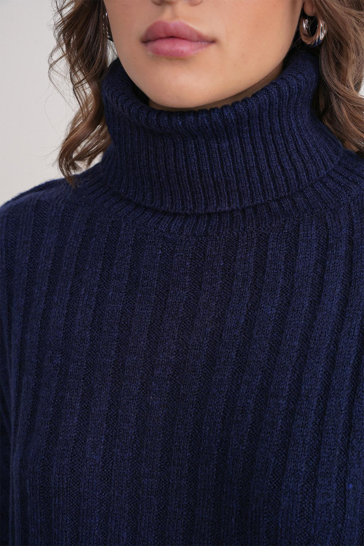 6928 Kadın Fitilli Balıkçı Yaka Triko Kazak Lacivert