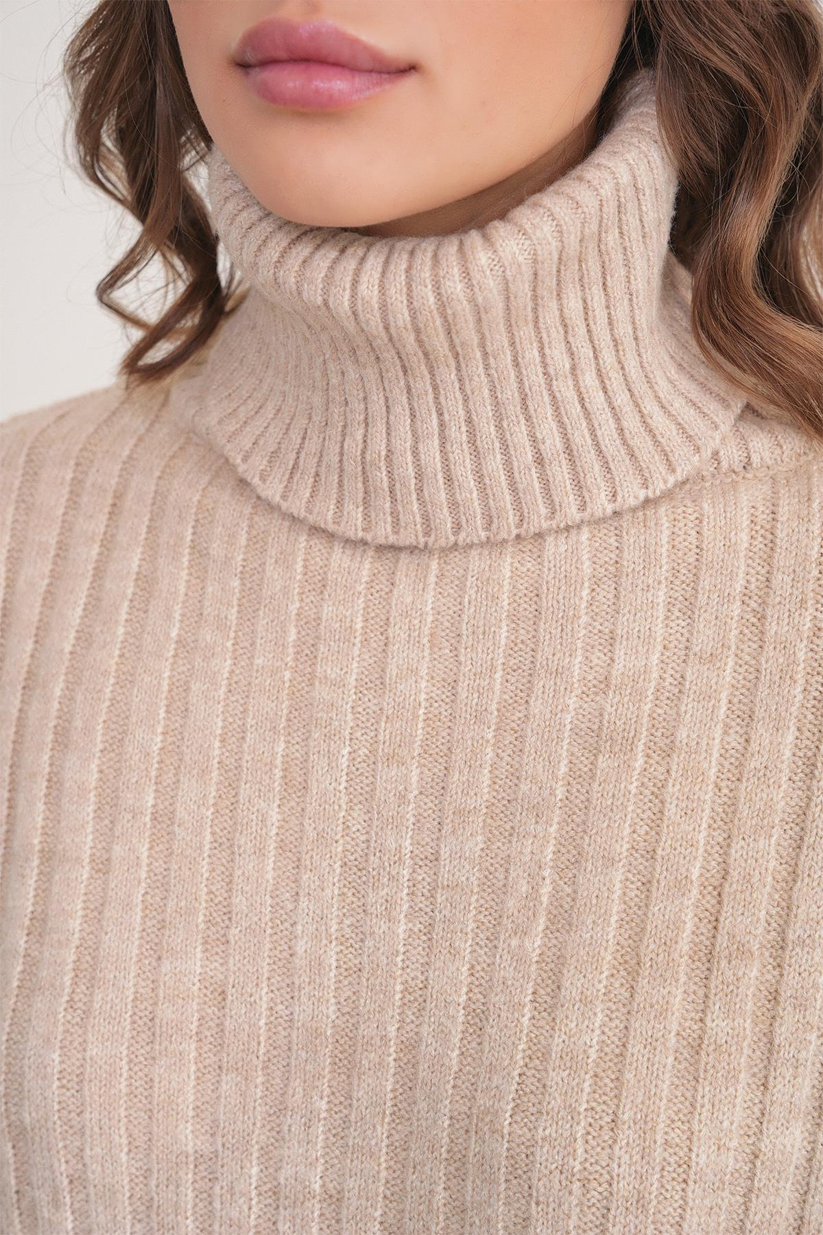 6928 Kadın Fitilli Balıkçı Yaka Triko Kazak Vizon