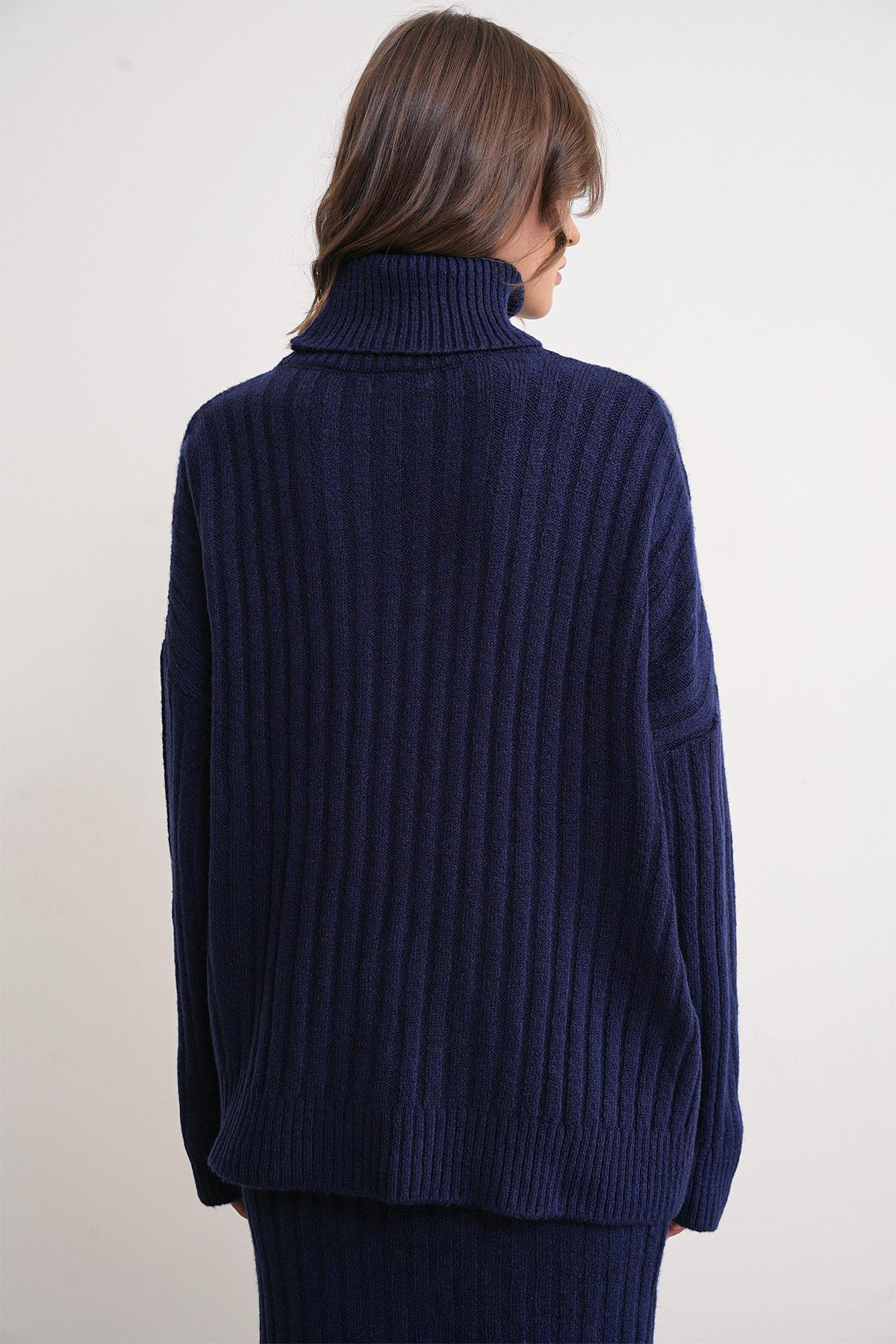 6928 Kadın Fitilli Balıkçı Yaka Triko Kazak Lacivert