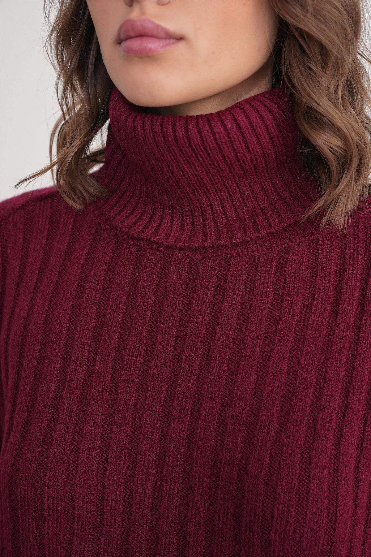 6928 Kadın Fitilli Balıkçı Yaka Triko Kazak Bordo