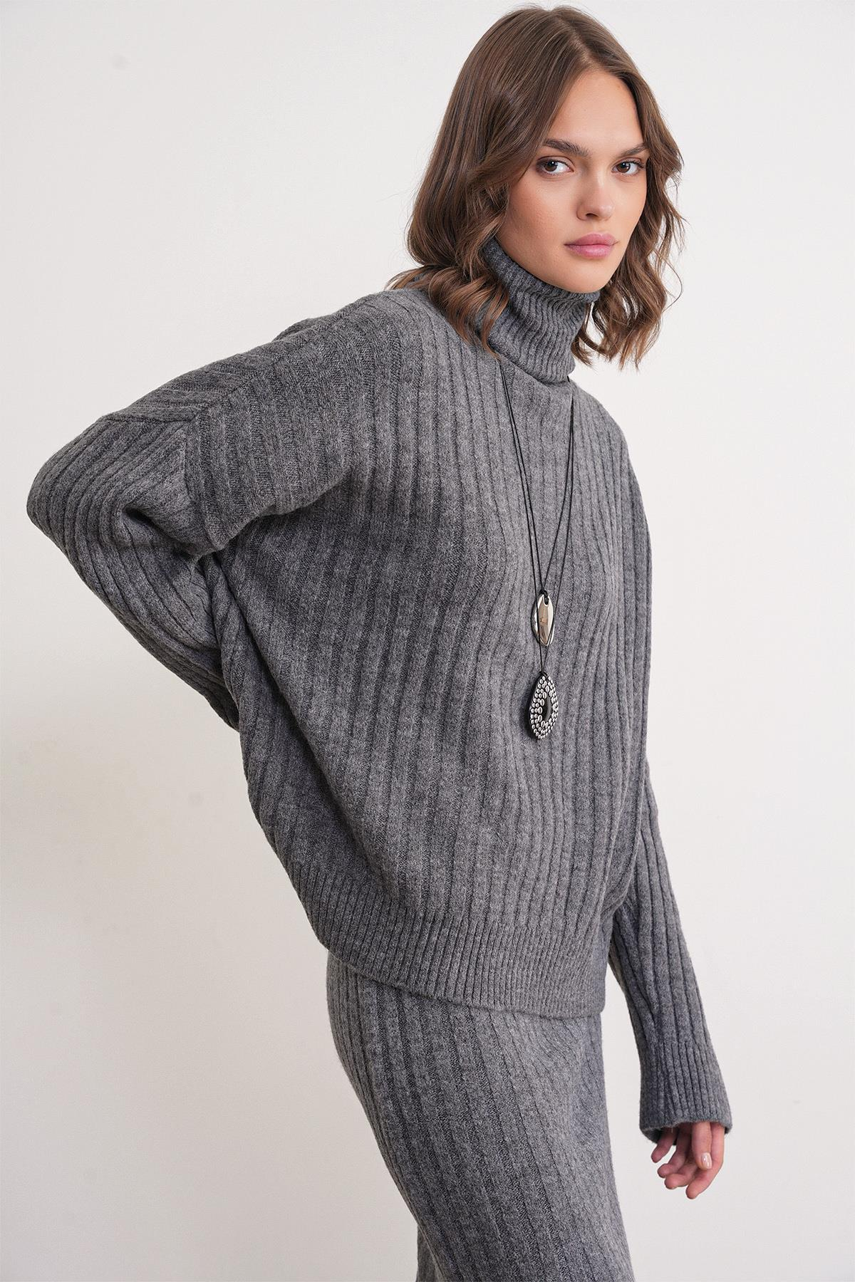 6928 Kadın Fitilli Balıkçı Yaka Triko Kazak Antrasit