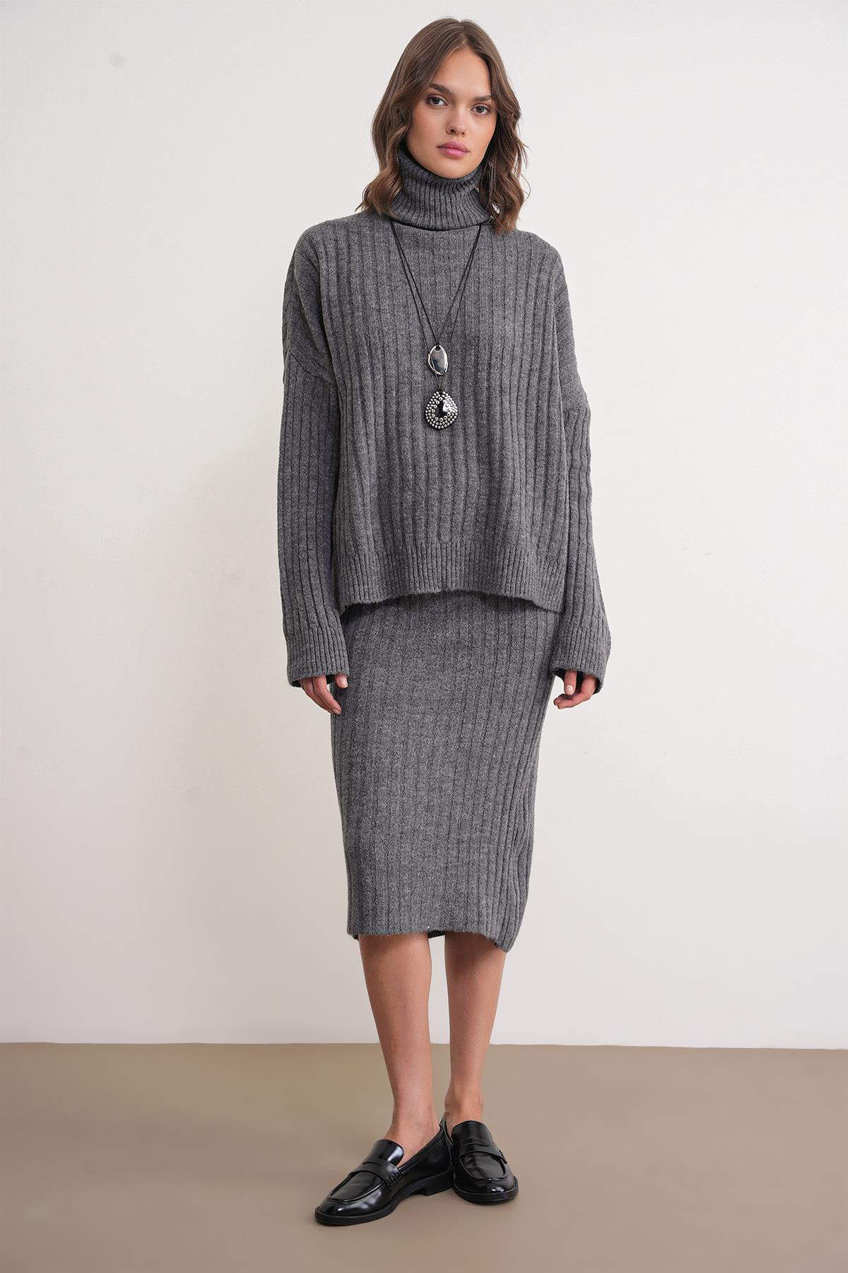 6928 Kadın Fitilli Balıkçı Yaka Triko Kazak Antrasit