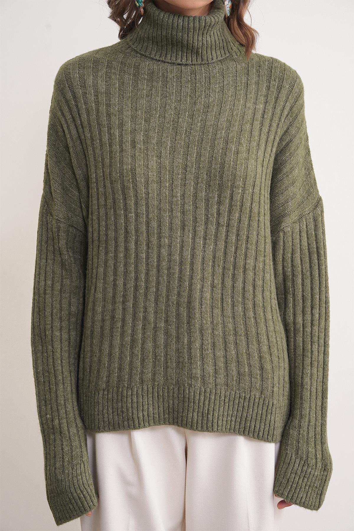 6928 Kadın Fitilli Balıkçı Yaka Triko Kazak Haki