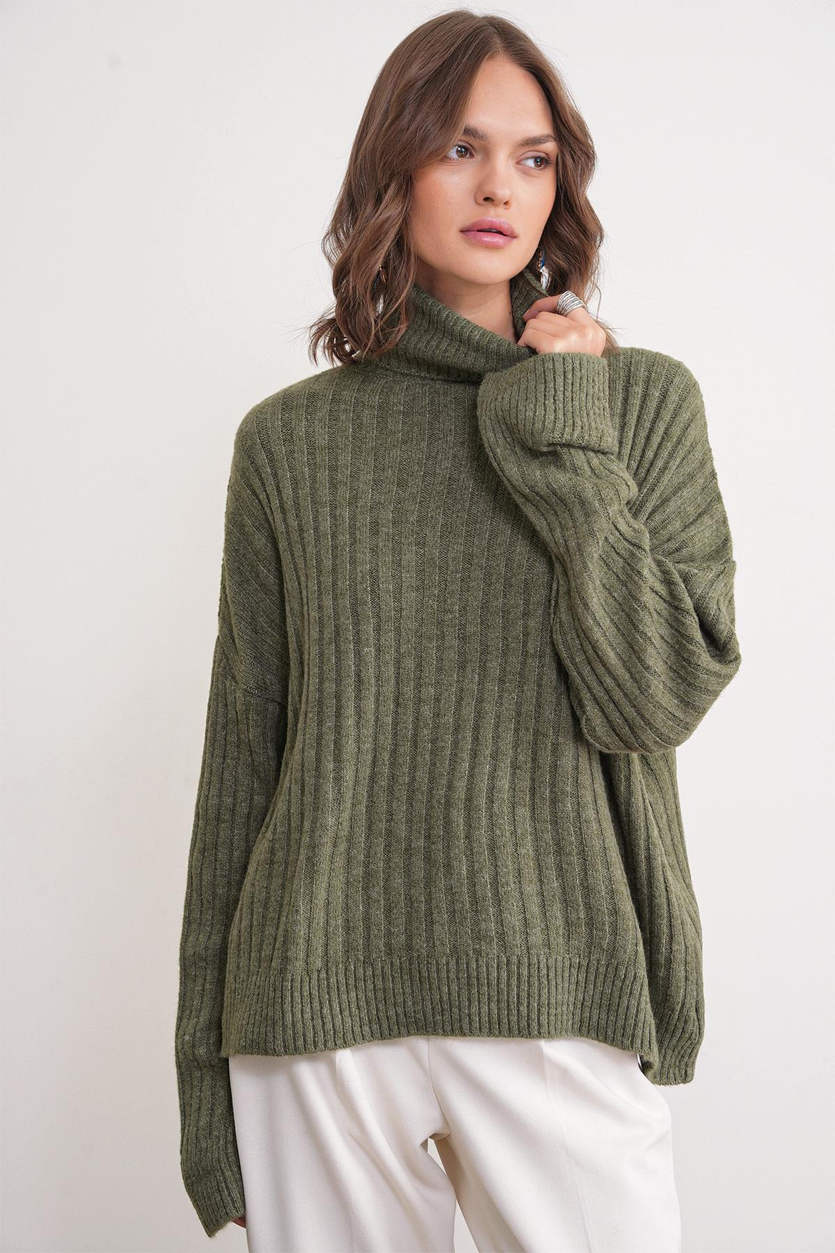 6928 Kadın Fitilli Balıkçı Yaka Triko Kazak Haki