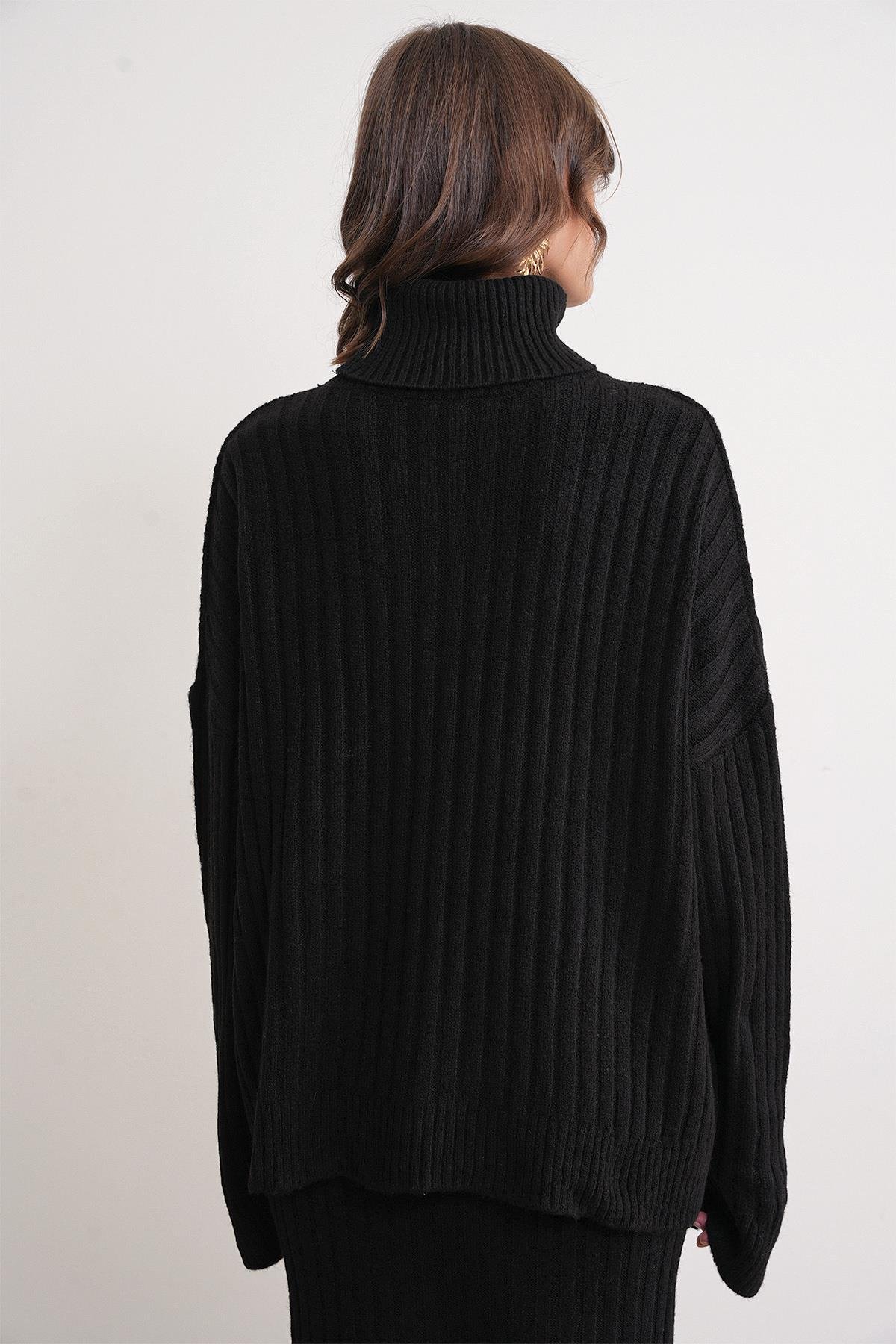 6928 Kadın Fitilli Balıkçı Yaka Triko Kazak Siyah