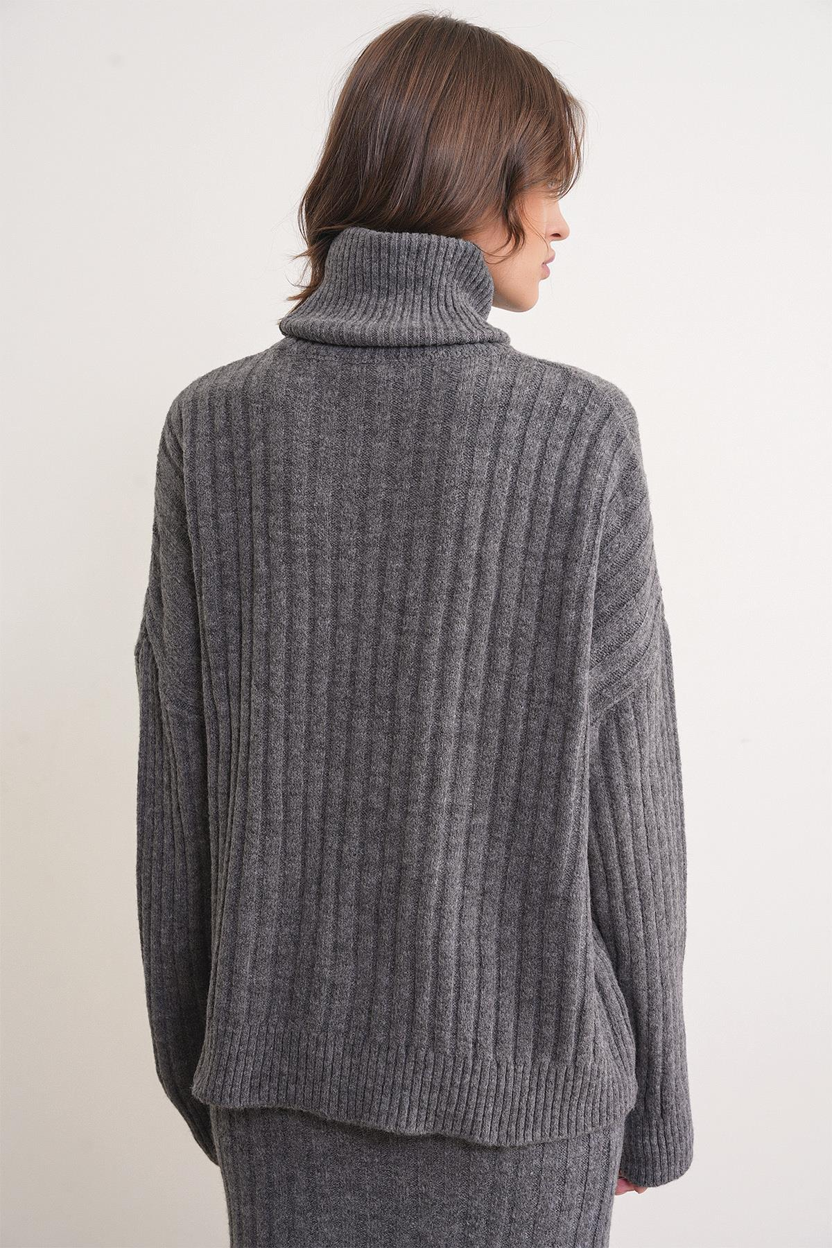 6928 Kadın Fitilli Balıkçı Yaka Triko Kazak Antrasit