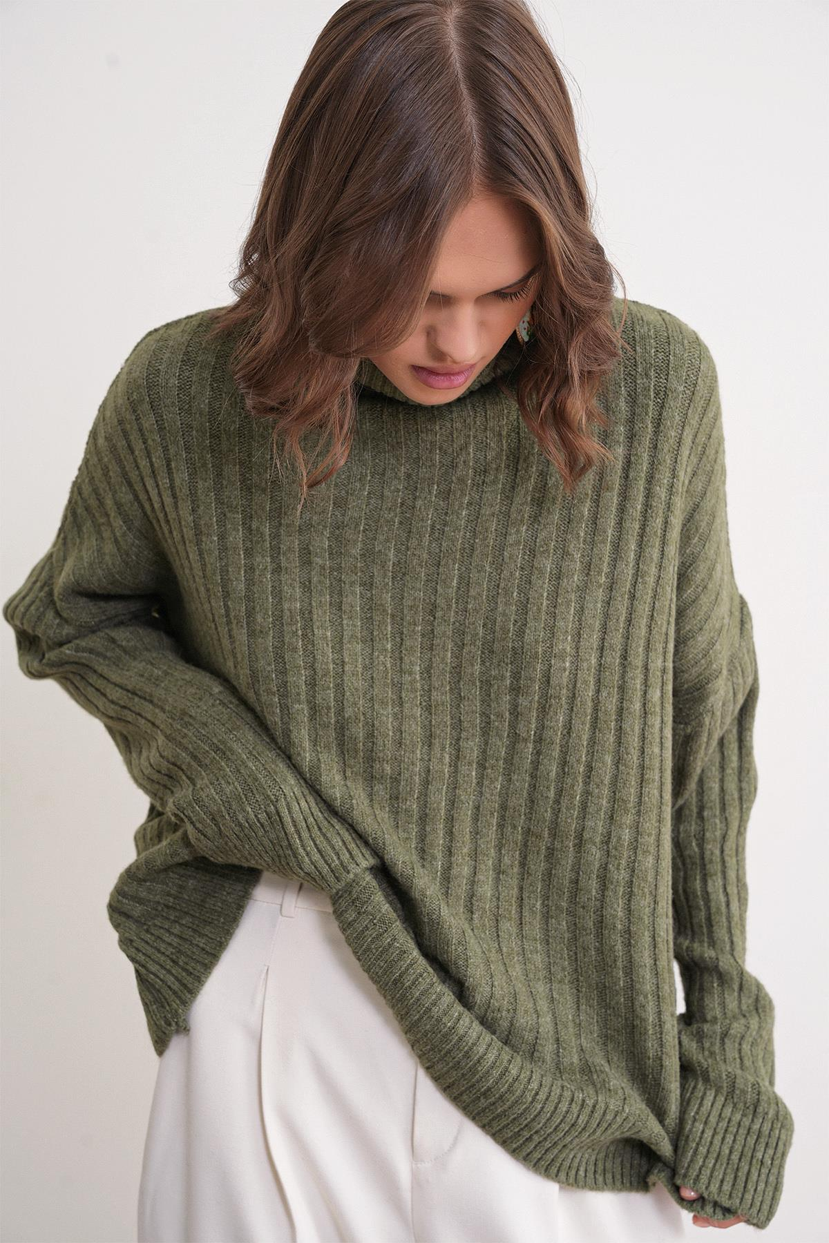 6928 Kadın Fitilli Balıkçı Yaka Triko Kazak Haki