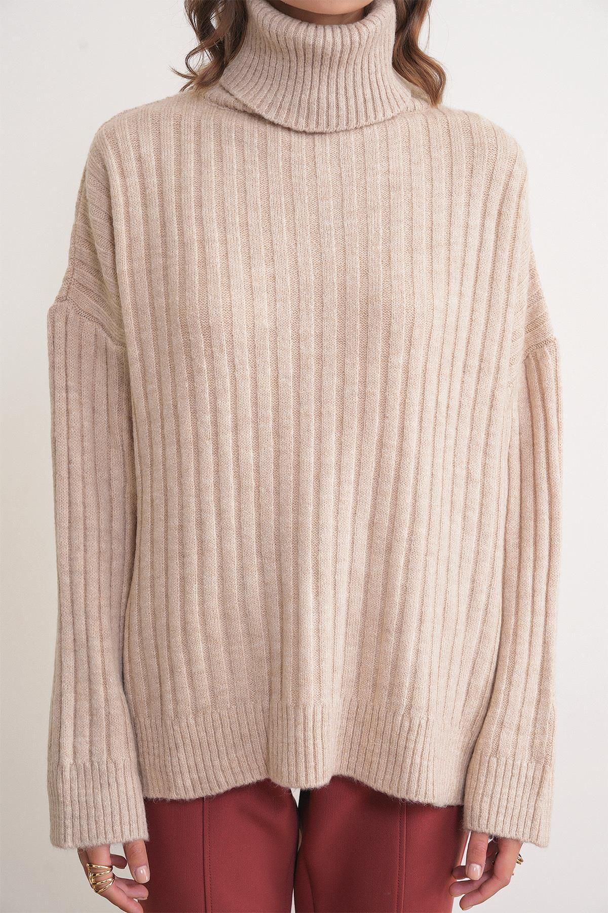 6928 Kadın Fitilli Balıkçı Yaka Triko Kazak Vizon