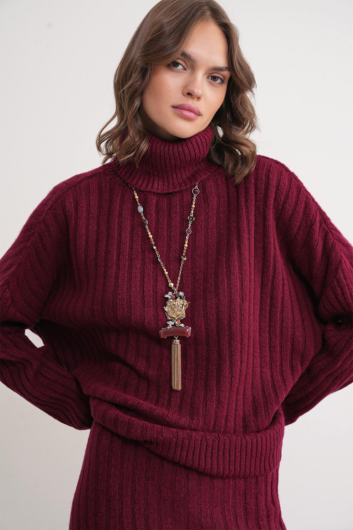 6928 Kadın Fitilli Balıkçı Yaka Triko Kazak Bordo