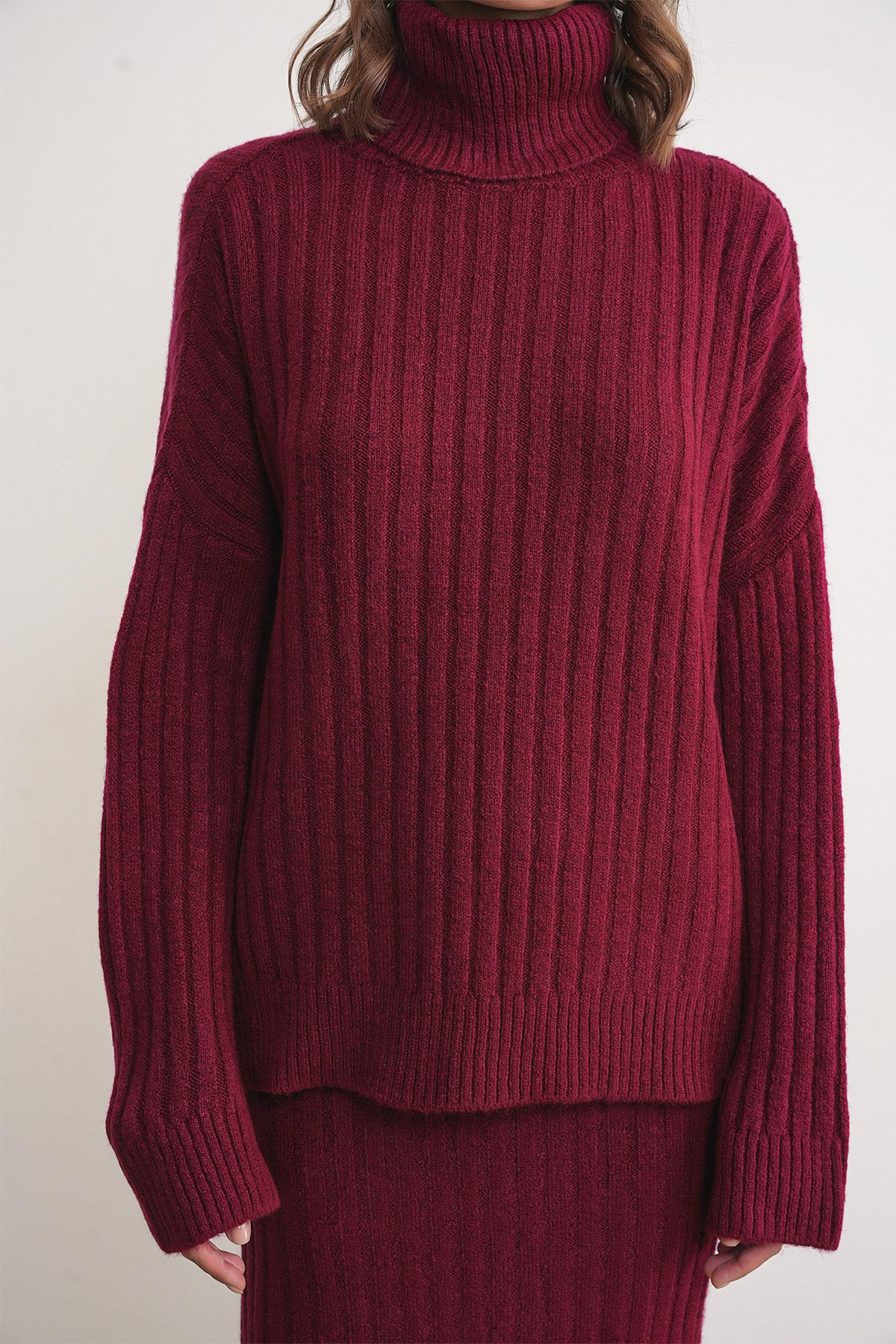 6928 Kadın Fitilli Balıkçı Yaka Triko Kazak Bordo