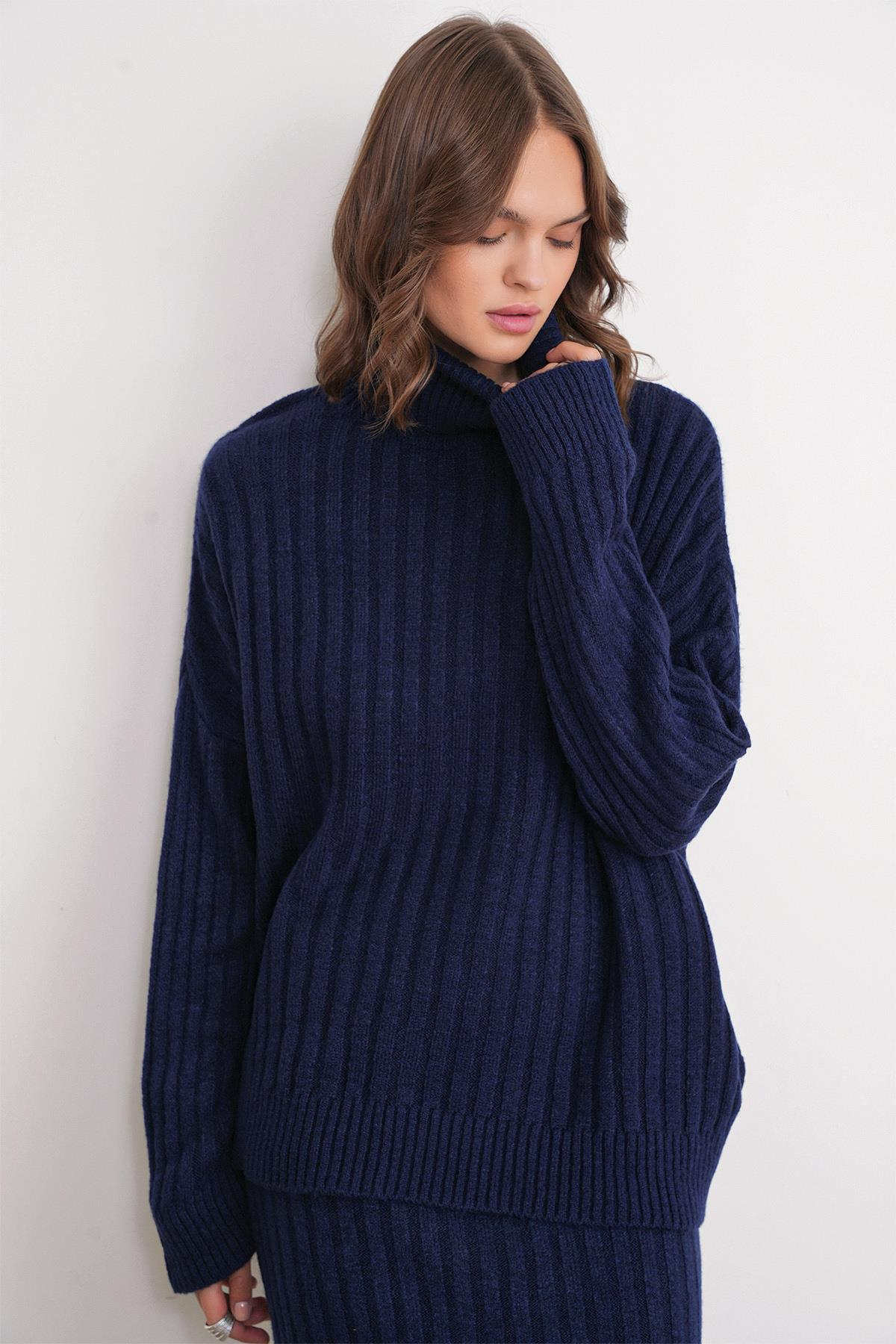 6928 Kadın Fitilli Balıkçı Yaka Triko Kazak Lacivert