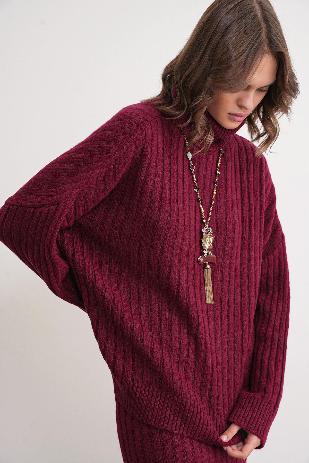 6928 Kadın Fitilli Balıkçı Yaka Triko Kazak Bordo